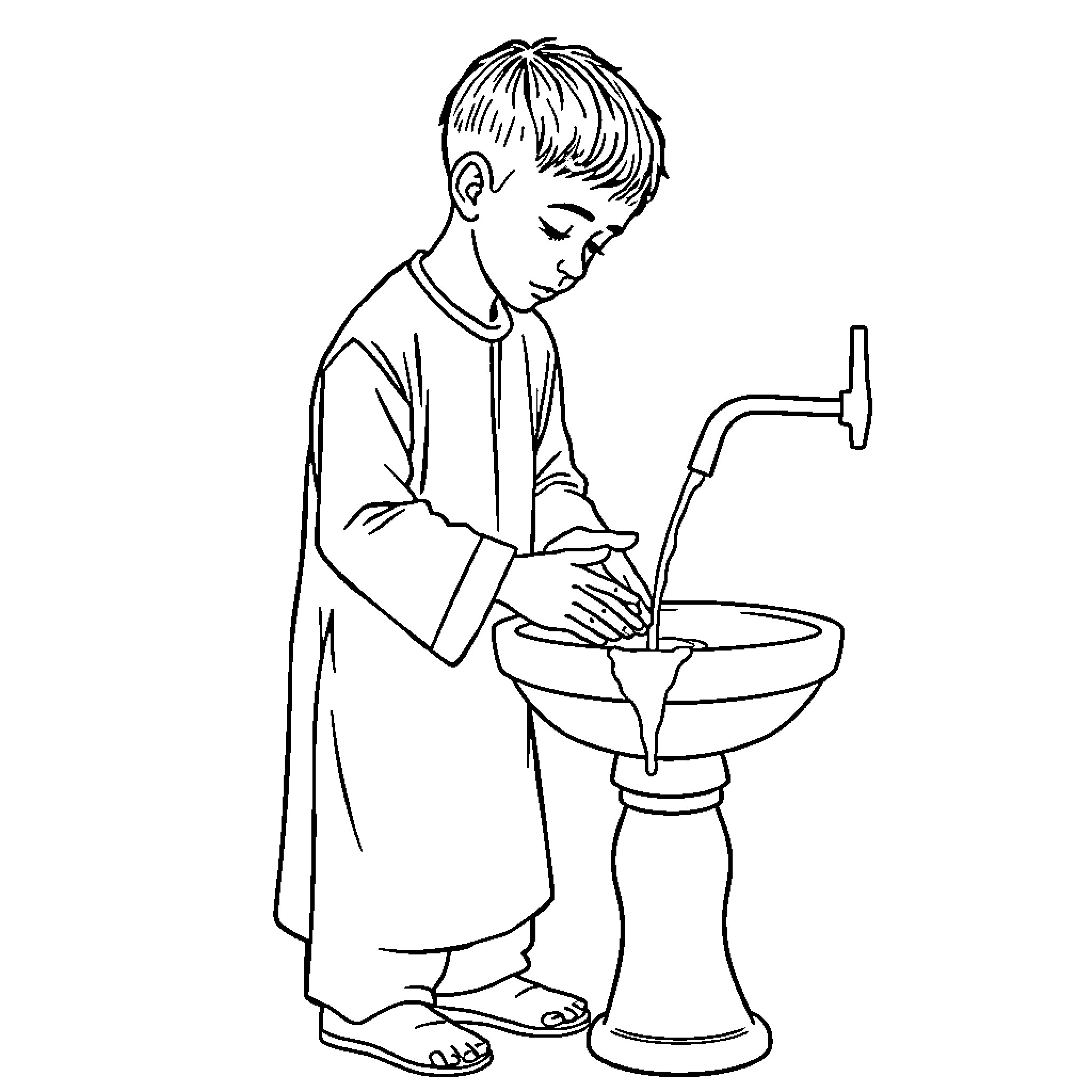 Muslim Boy Washing Hands at Sink Coloring Page (free black-and-white line drawing printable PDF for all, from beginners to advanced learners, including children, teens, adults, and seniors)