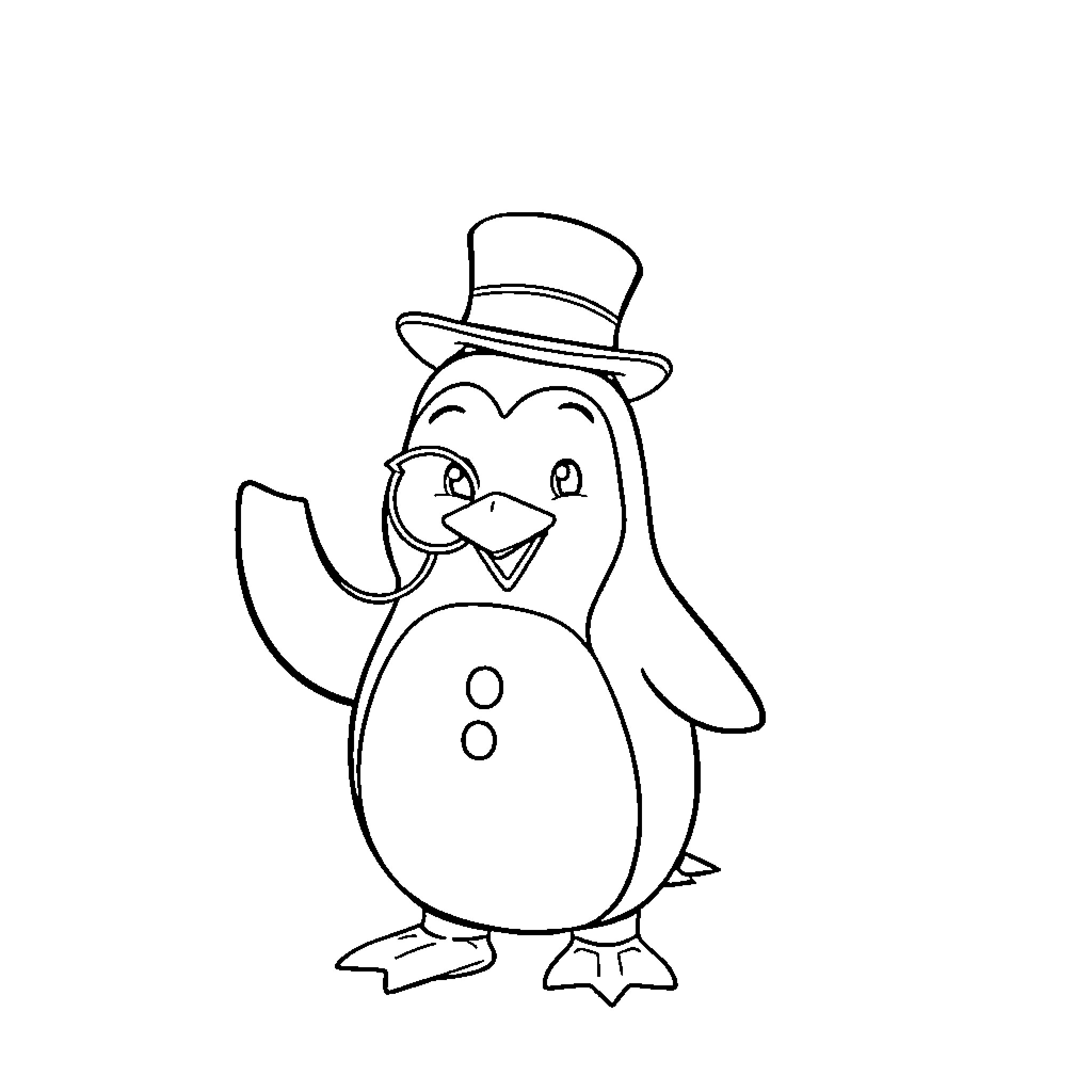 Penguin wearing a top hat and smiling Coloring Page (free black-and-white line drawing printable PDF for all, from beginners to advanced learners, including children, teens, adults, and seniors)