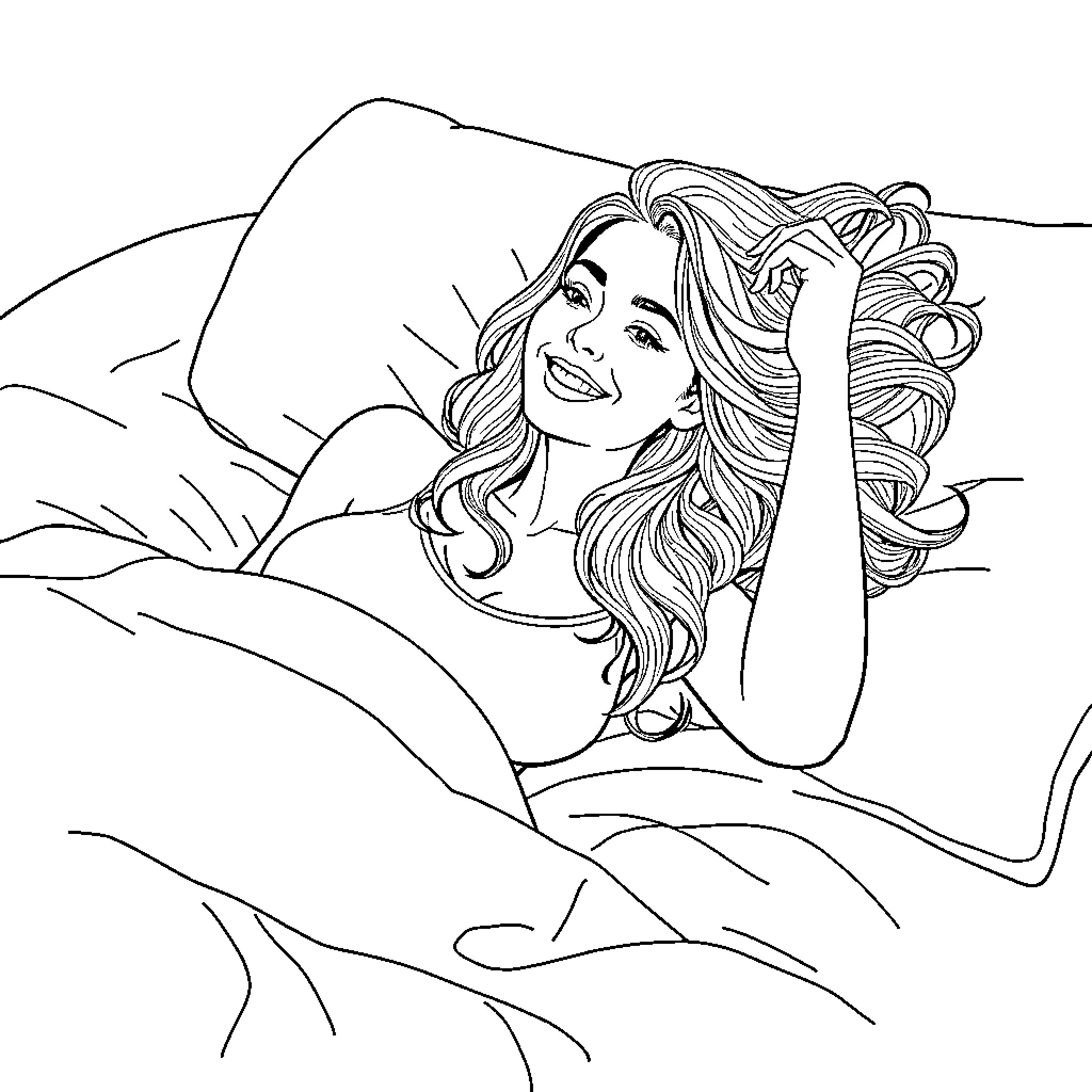 Woman relaxing on a cozy bed Coloring Page (free black-and-white line drawing printable PDF for all, from beginners to advanced learners, including children, teens, adults, and seniors)