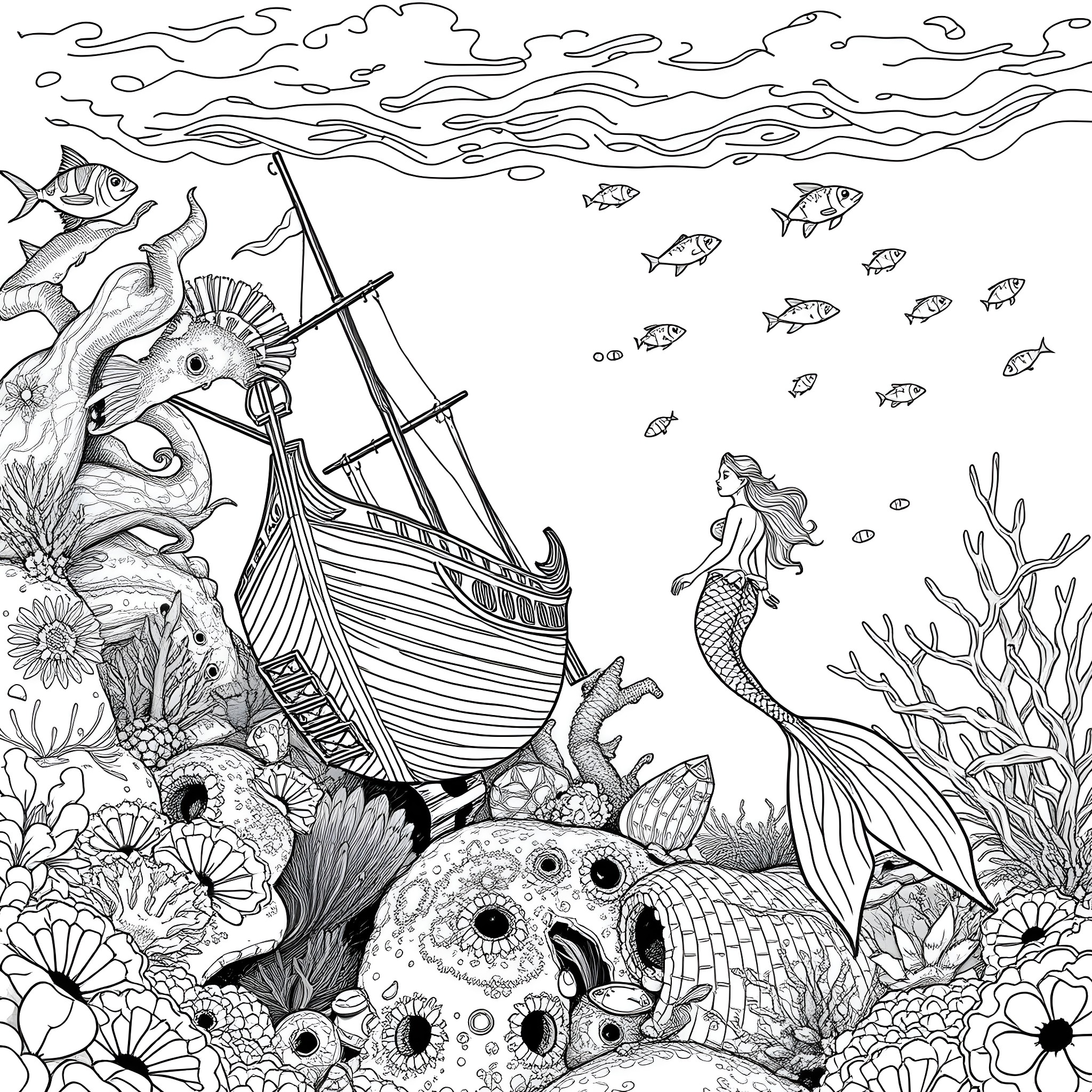 Mermaid exploring the underwater shipwreck scene Coloring Page (free black-and-white line drawing printable PDF for all, from beginners to advanced learners, including children, teens, adults, and seniors)
