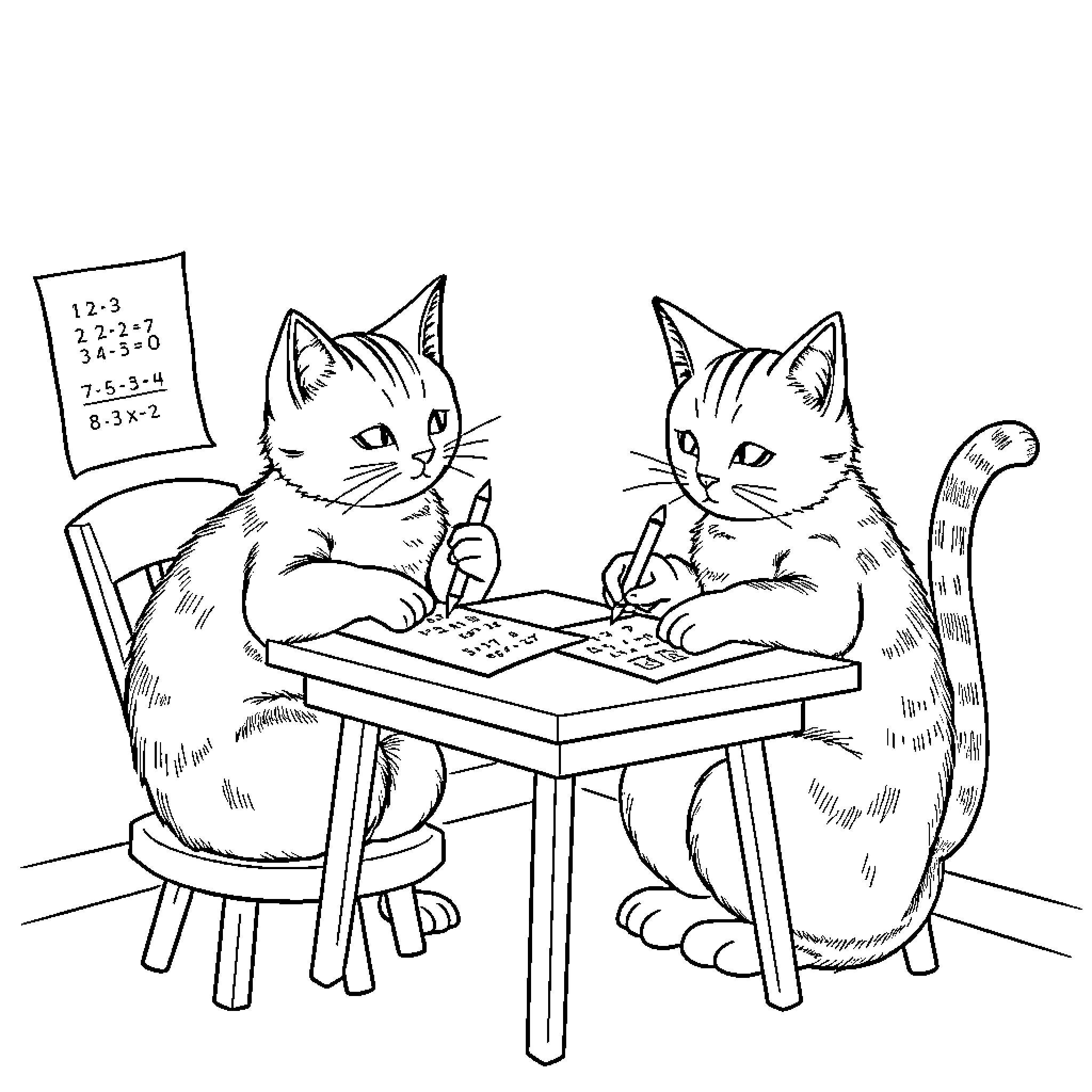 Cats Studying Diligently at Desk Coloring Page (free black-and-white line drawing printable PDF for all, from beginners to advanced learners, including children, teens, adults, and seniors)