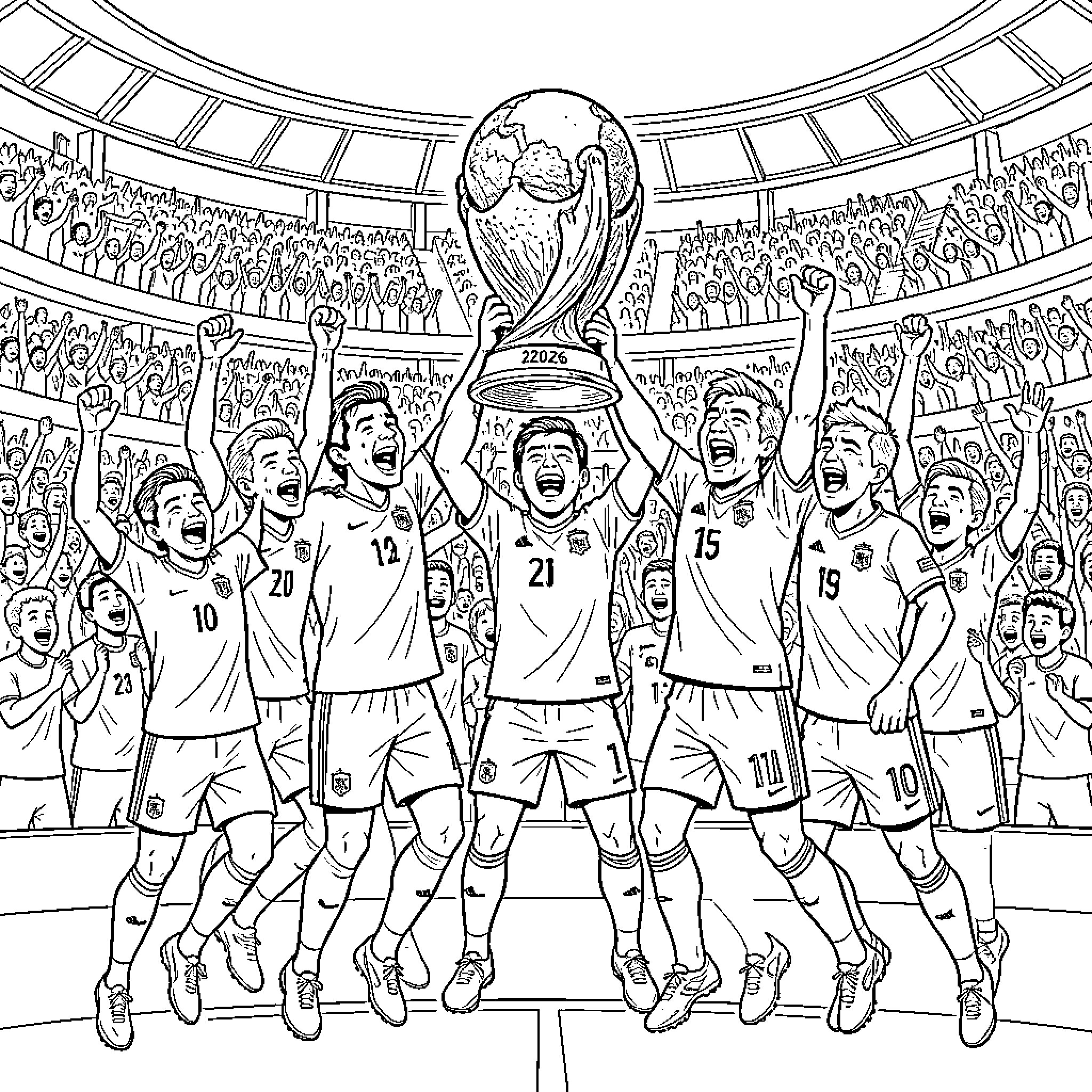 Spain Team celebrating victory while lifting a trophy Coloring Page (free black-and-white line drawing printable PDF for all, from beginners to advanced learners, including children, teens, adults, and seniors)