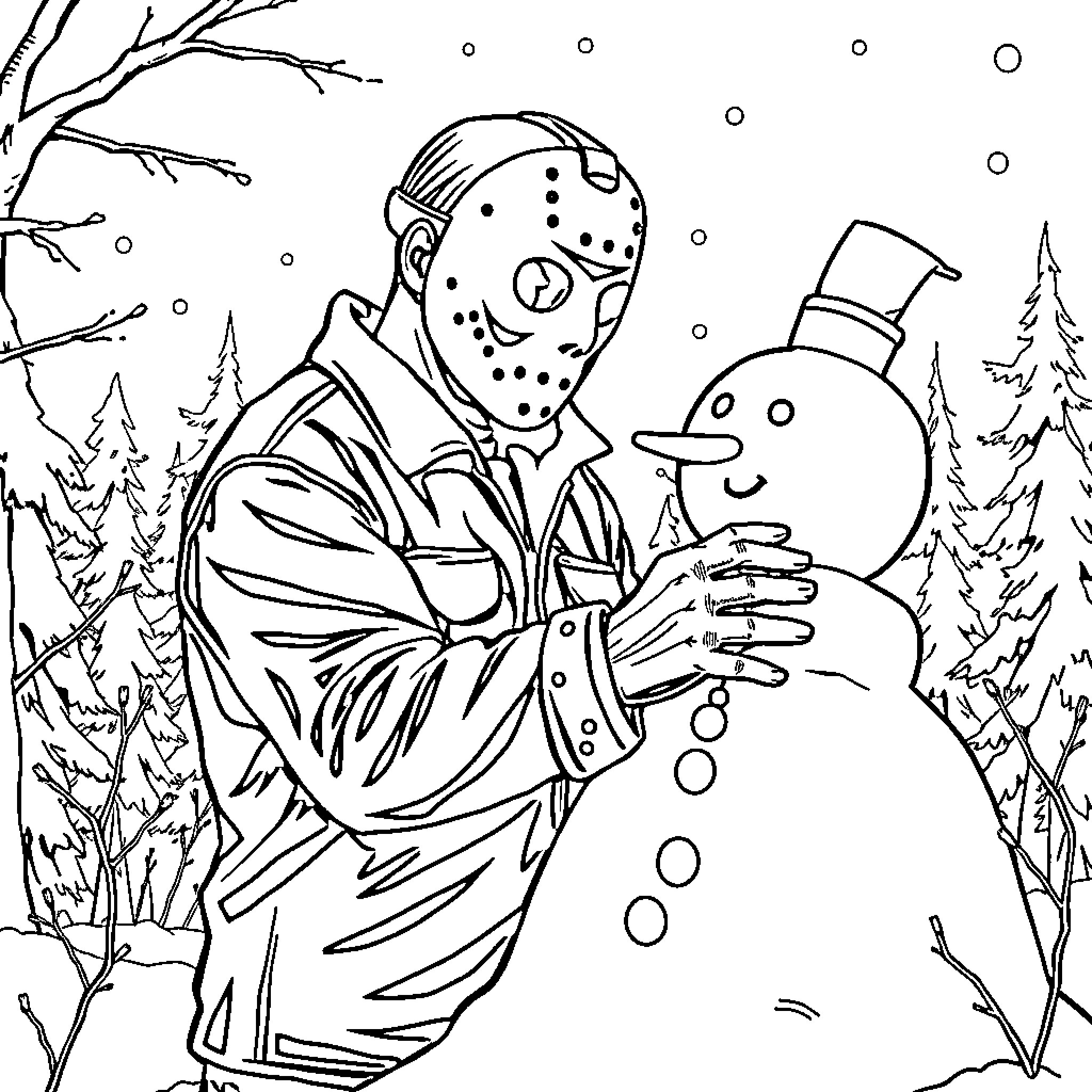 Jason Voorhees building a snowman in the winter forest Coloring Page (free black-and-white line drawing printable PDF for all, from beginners to advanced learners, including children, teens, adults, and seniors)