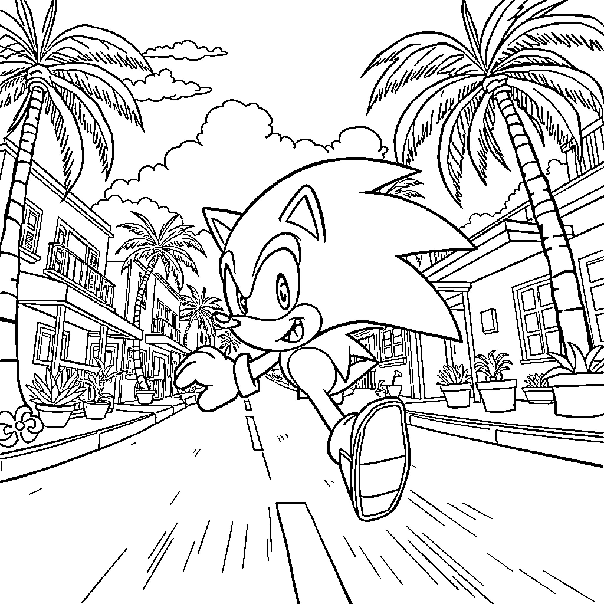 Sonic speeding through a tropical town Coloring Page (free black-and-white line drawing printable PDF for all, from beginners to advanced learners, including children, teens, adults, and seniors)