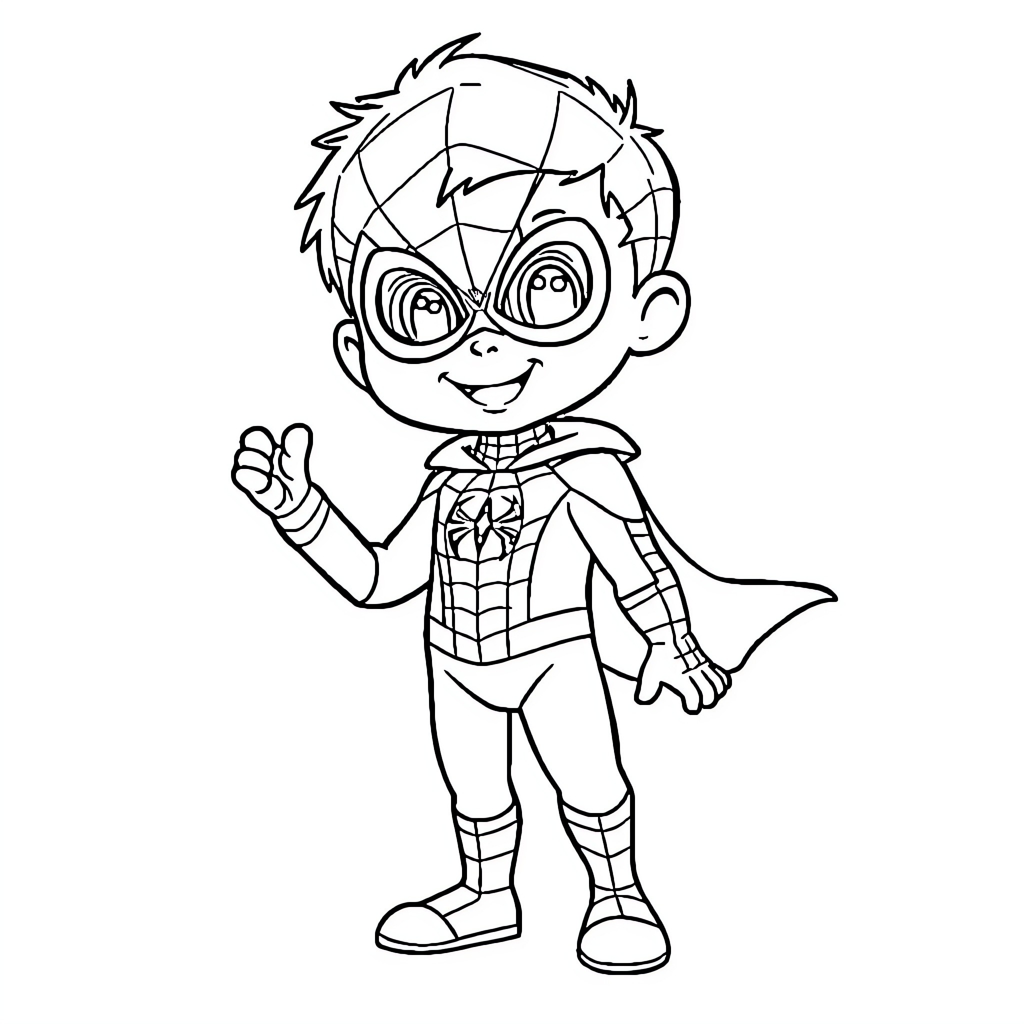 Spiderman in action, waving and smiling Coloring Page (free black-and-white line drawing printable PDF for all, from beginners to advanced learners, including children, teens, adults, and seniors)