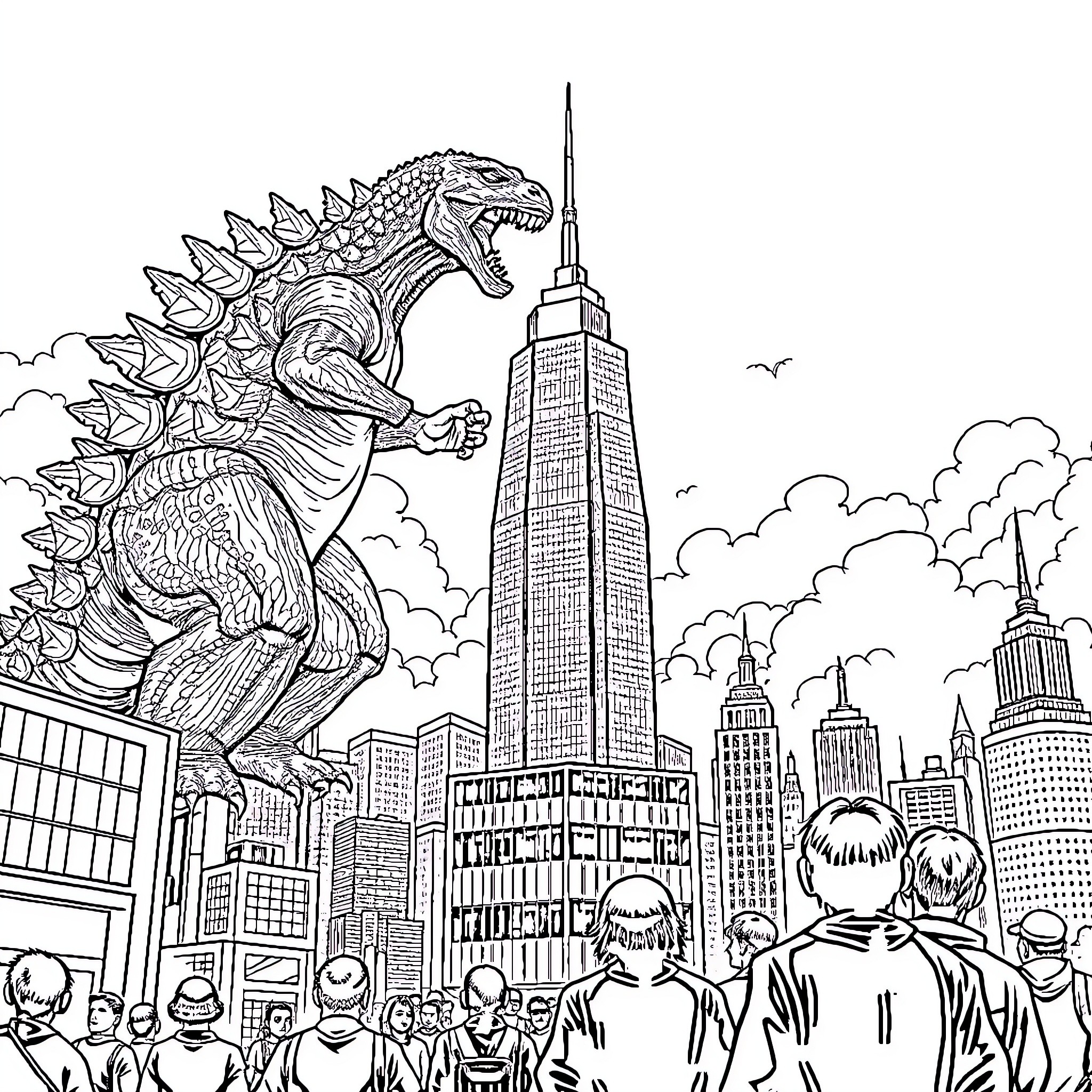 Godzilla rampaging through the city skyline Coloring Page (free black-and-white line drawing printable PDF for all, from beginners to advanced learners, including children, teens, adults, and seniors)