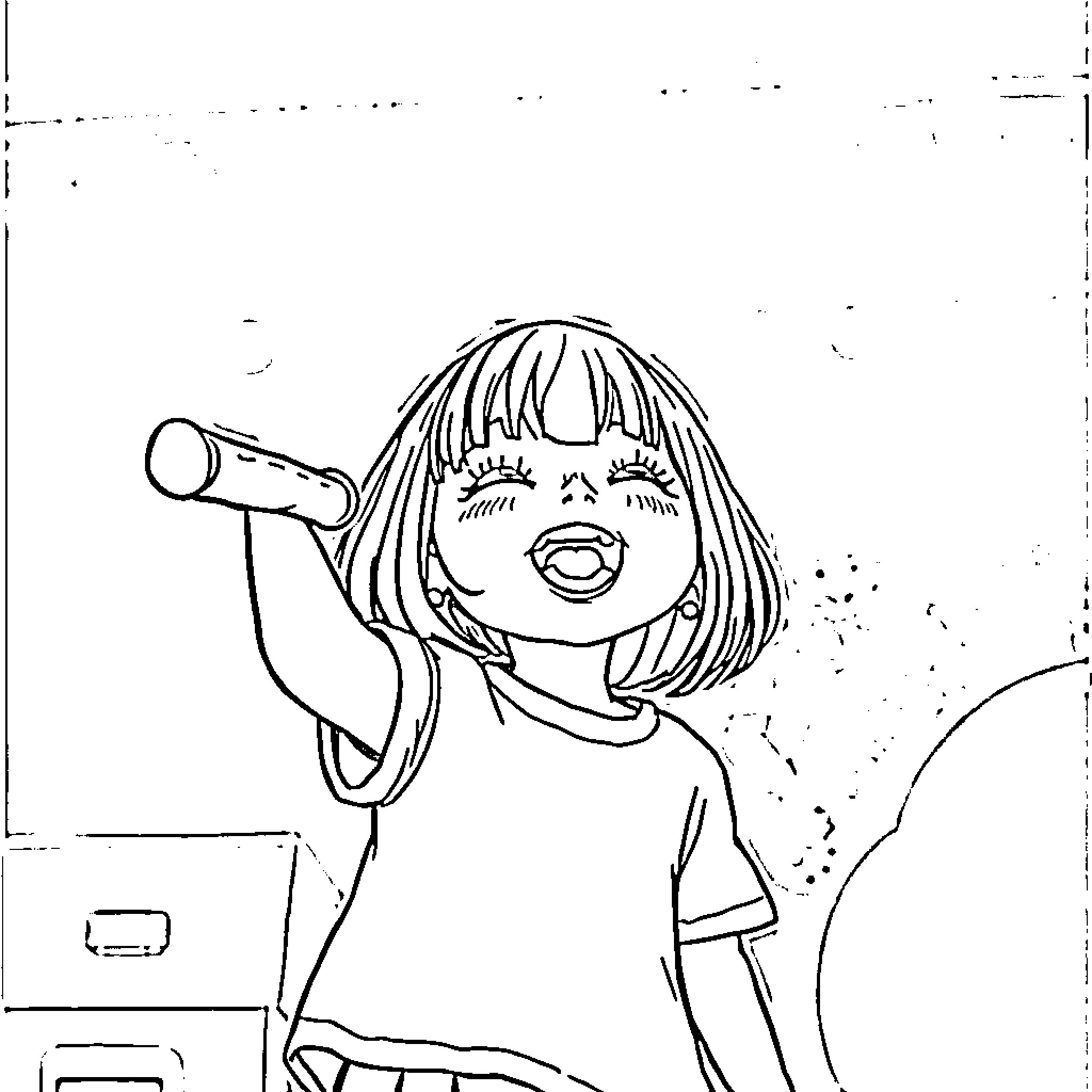 Girl singing enthusiastically on stage Coloring Page (free black-and-white line drawing printable PDF for all, from beginners to advanced learners, including children, teens, adults, and seniors)