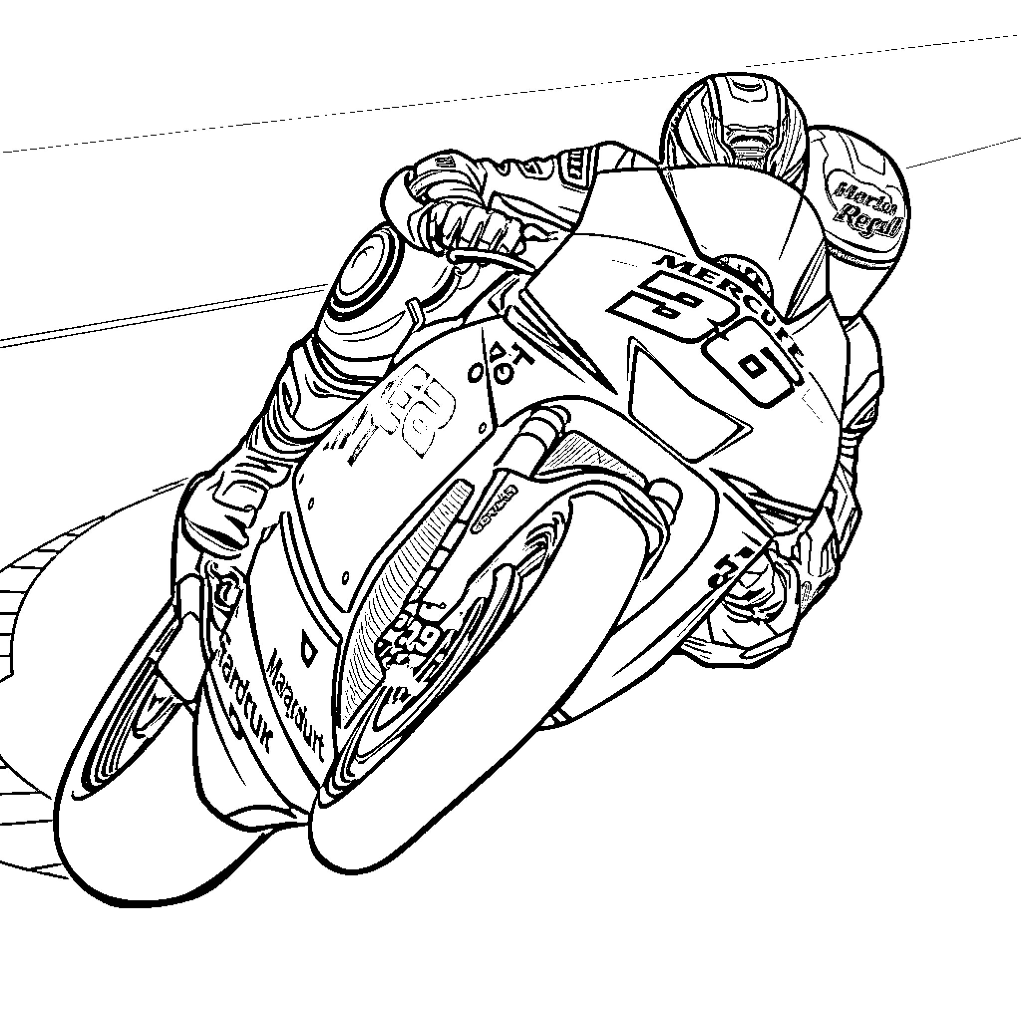 Marc Marquez racing a motorcycle on the track Coloring Page (free black-and-white line drawing printable PDF for all, from beginners to advanced learners, including children, teens, adults, and seniors)