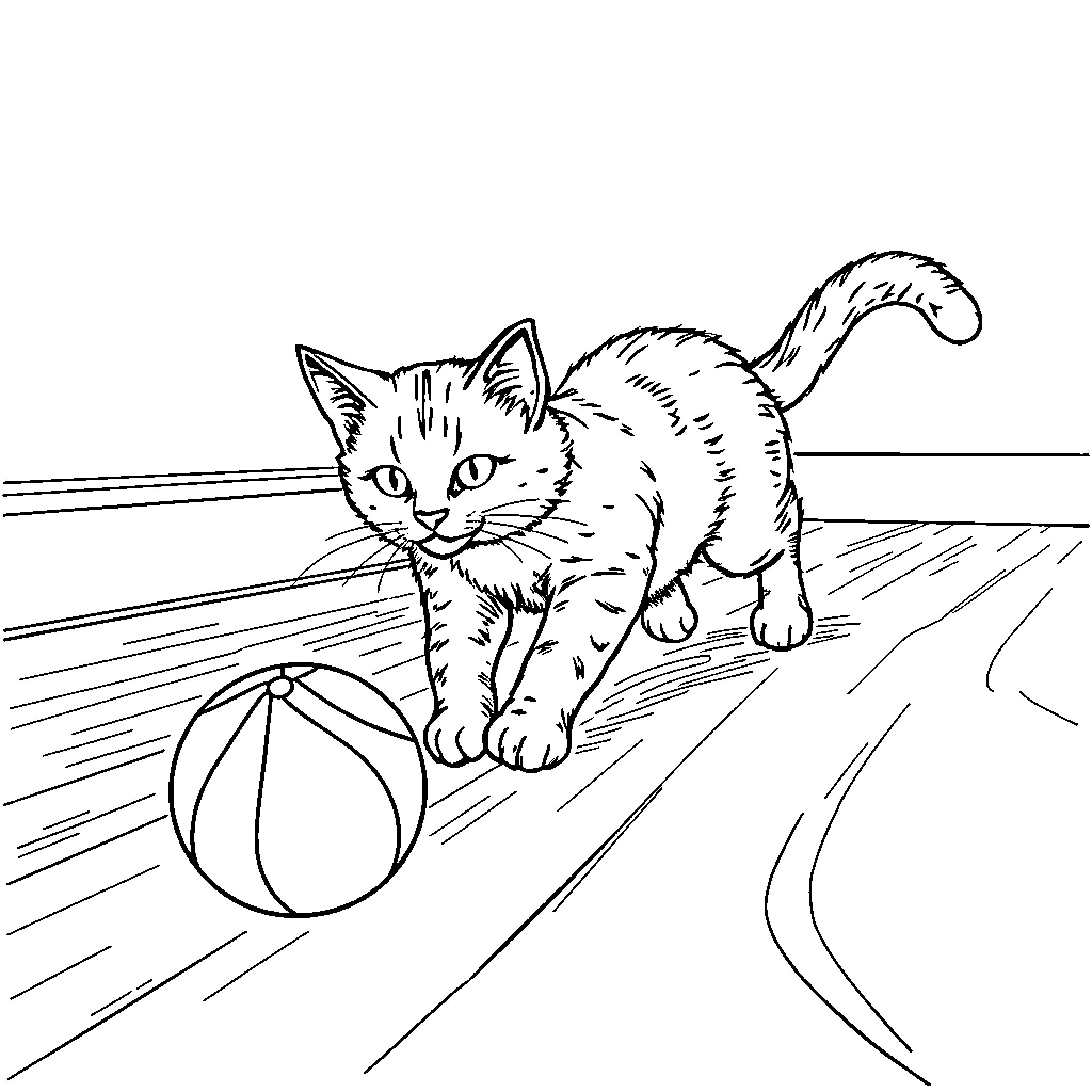 Cat playing with a ball on the floor Coloring Page (free black-and-white line drawing printable PDF for all, from beginners to advanced learners, including children, teens, adults, and seniors)