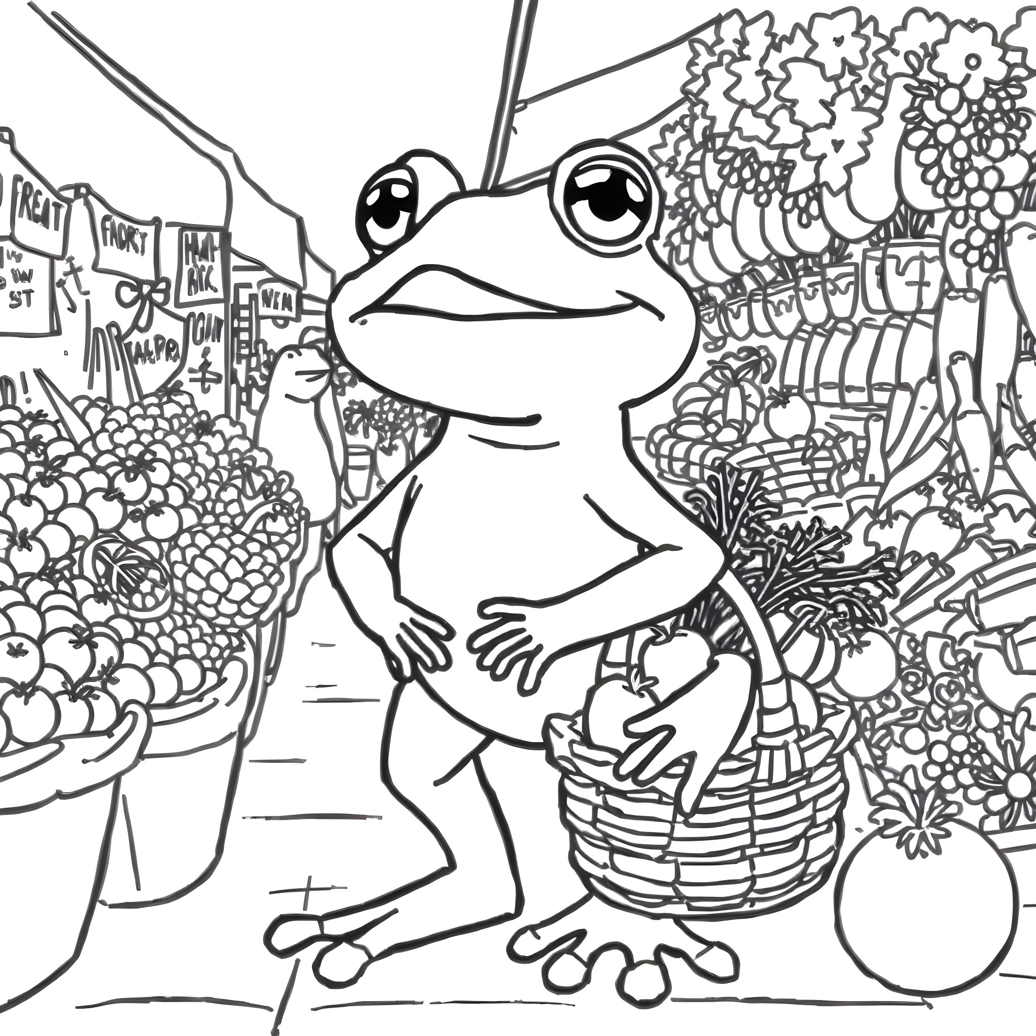 Frog shopping at the local market Coloring Page (free black-and-white line drawing printable PDF for all, from beginners to advanced learners, including children, teens, adults, and seniors)