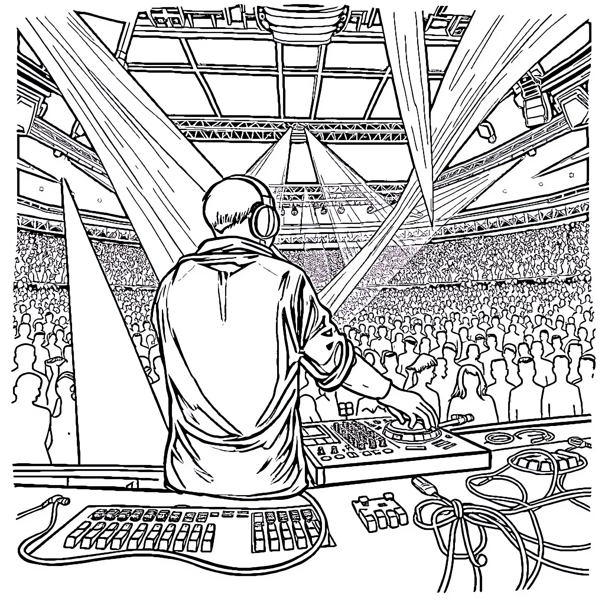 DJ Performing on a Huge Stage with Crowd Coloring Page (free black-and-white line drawing printable PDF for all, from beginners to advanced learners, including children, teens, adults, and seniors)