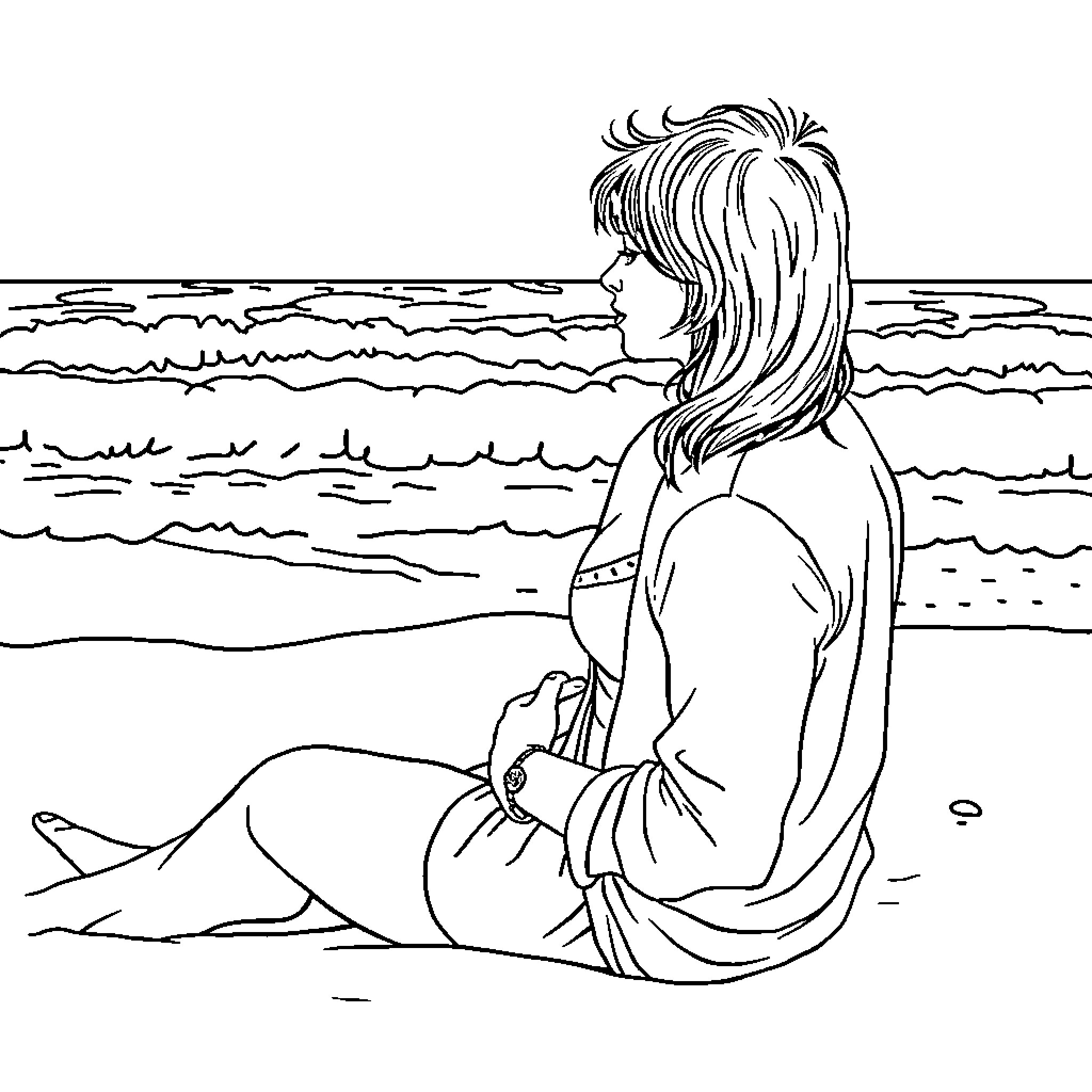 Girl relaxing by the serene ocean Coloring Page (free black-and-white line drawing printable PDF for all, from beginners to advanced learners, including children, teens, adults, and seniors)