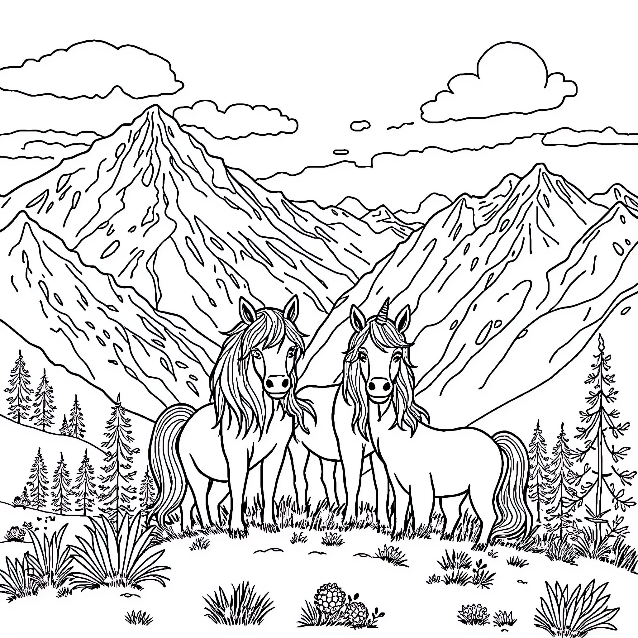 Unicorn Pair Exploring Majestic Mountain Landscape Coloring Page (free black-and-white line drawing printable PDF for all, from beginners to advanced learners, including children, teens, adults, and seniors)