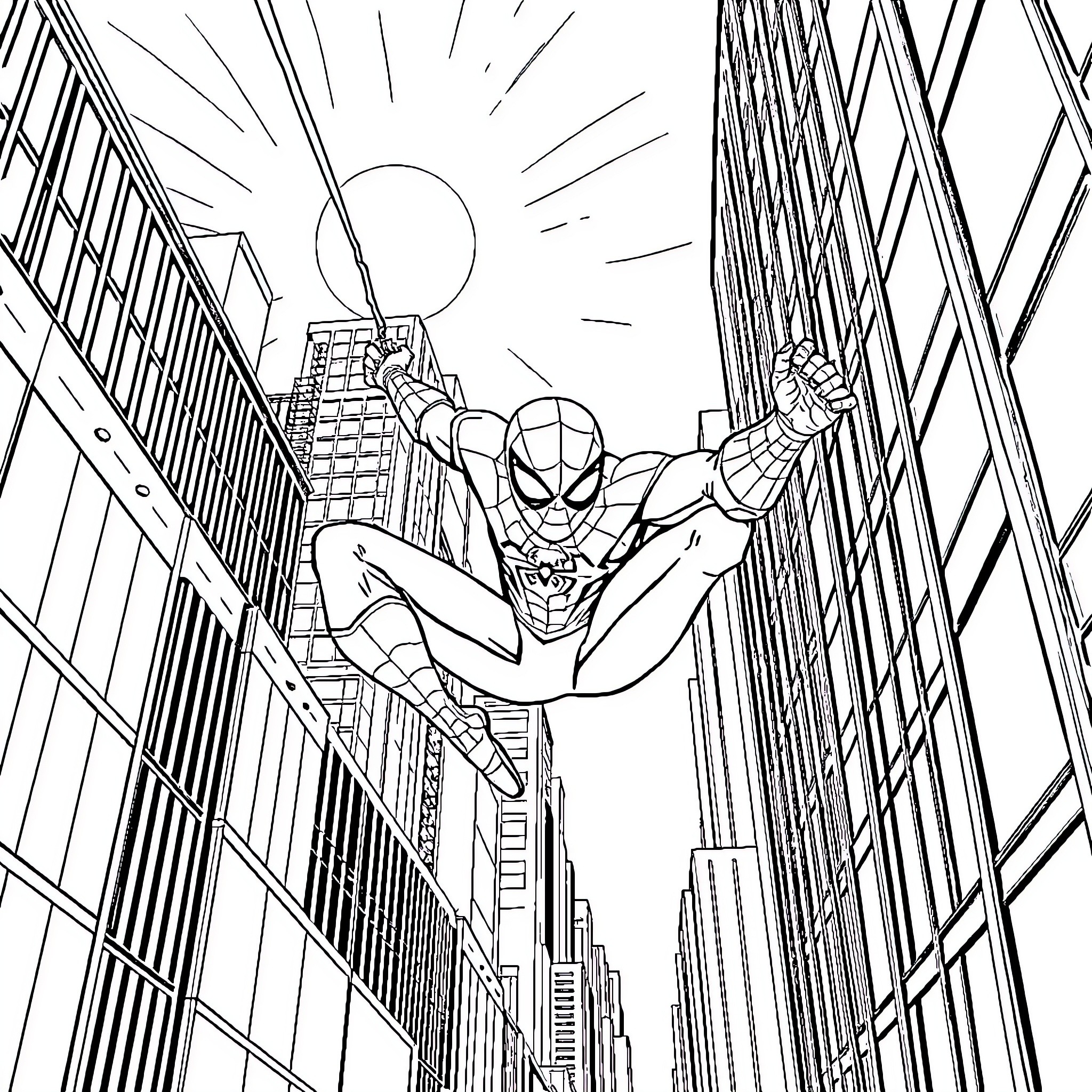 Spiderman swinging through the city skyline Coloring Page (free black-and-white line drawing printable PDF for all, from beginners to advanced learners, including children, teens, adults, and seniors)