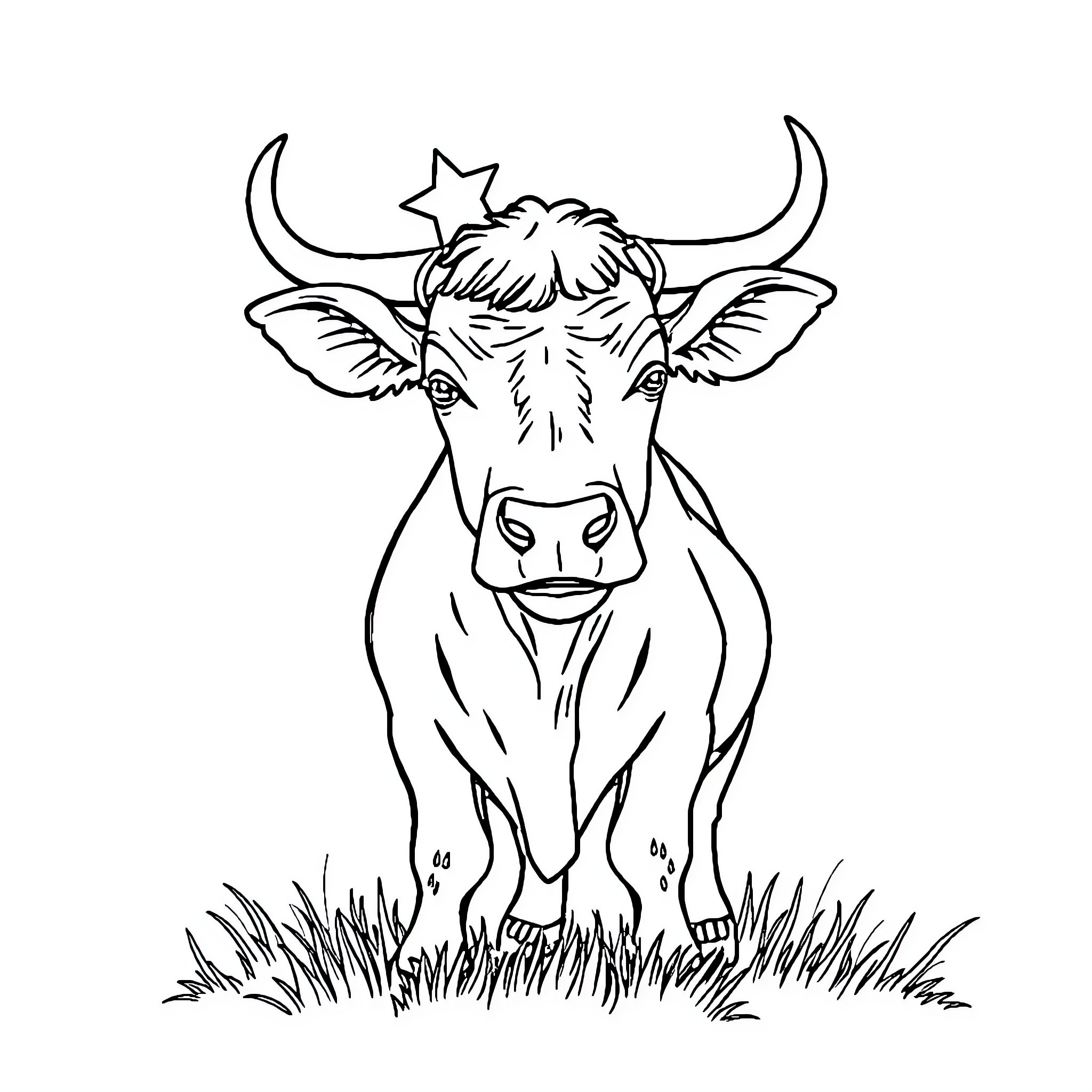 Cow with Star-Adorned Horns Grazing in Meadow Coloring Page (free black-and-white line drawing printable PDF for all, from beginners to advanced learners, including children, teens, adults, and seniors)
