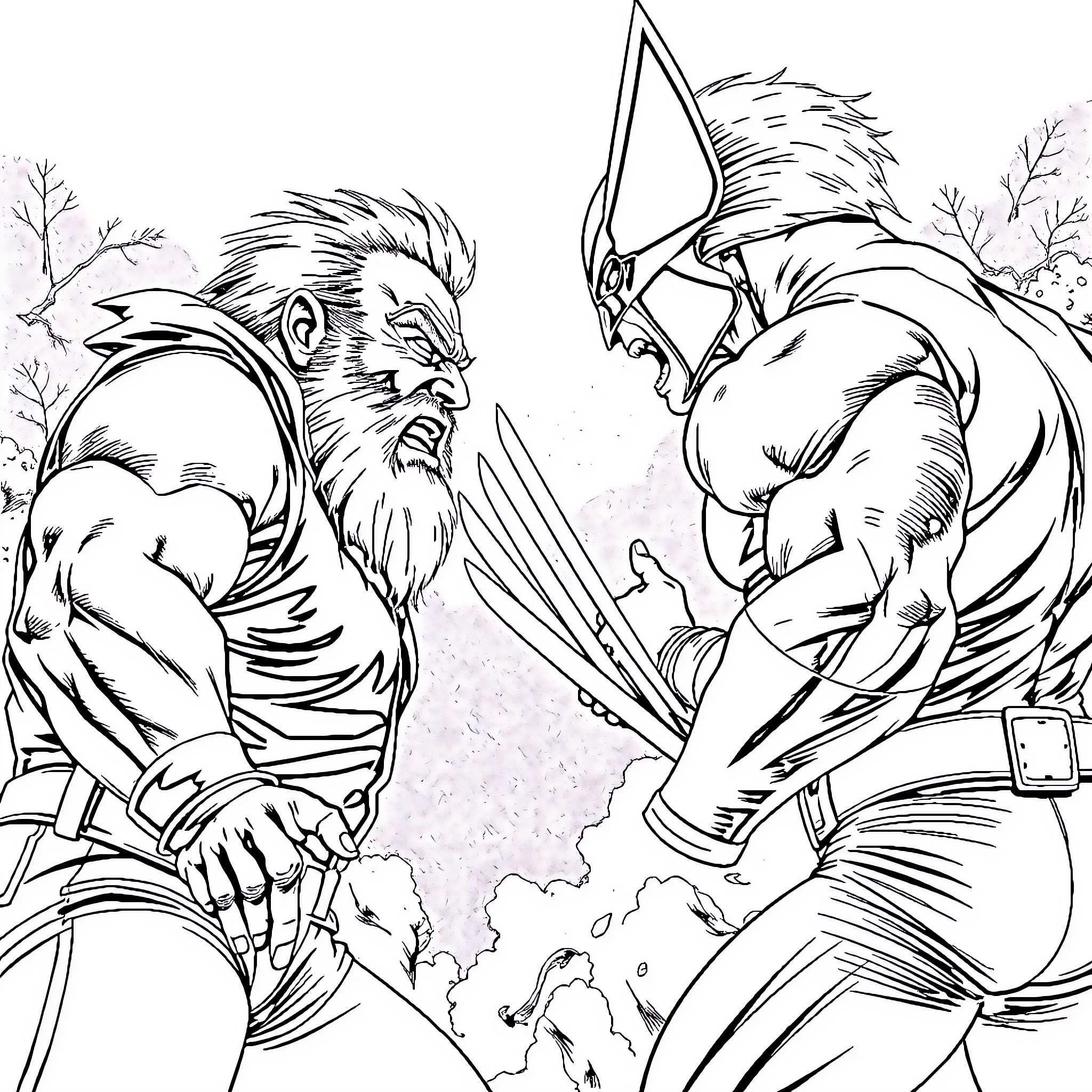 Hans Moleman battles an imposing enemy in the wilderness Coloring Page (free black-and-white line drawing printable PDF for all, from beginners to advanced learners, including children, teens, adults, and seniors)