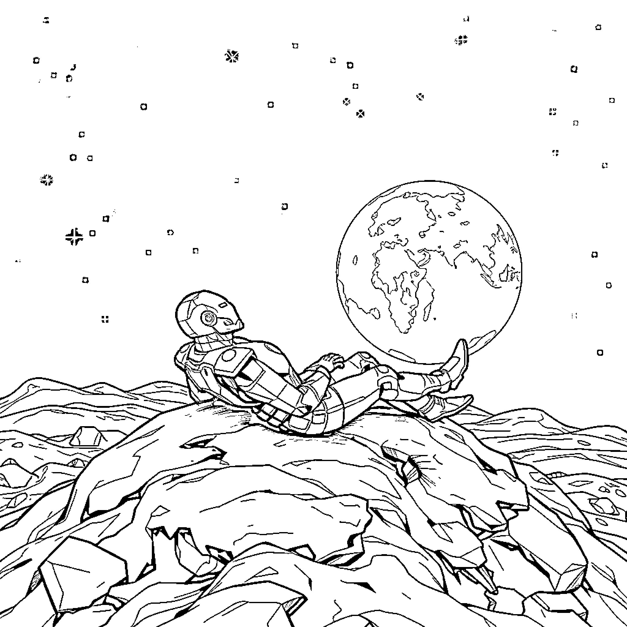 Iron Man Resting on a Rugged Alien Planet Coloring Page (free black-and-white line drawing printable PDF for all, from beginners to advanced learners, including children, teens, adults, and seniors)