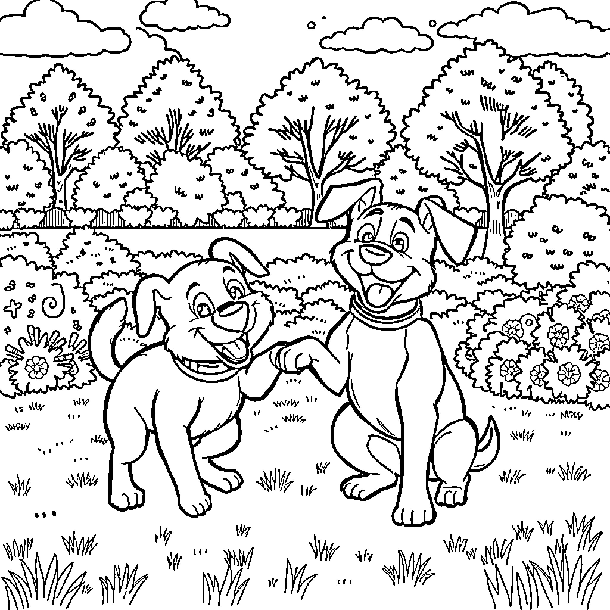 Dogman friends exploring the enchanting forest Coloring Page (free black-and-white line drawing printable PDF for all, from beginners to advanced learners, including children, teens, adults, and seniors)