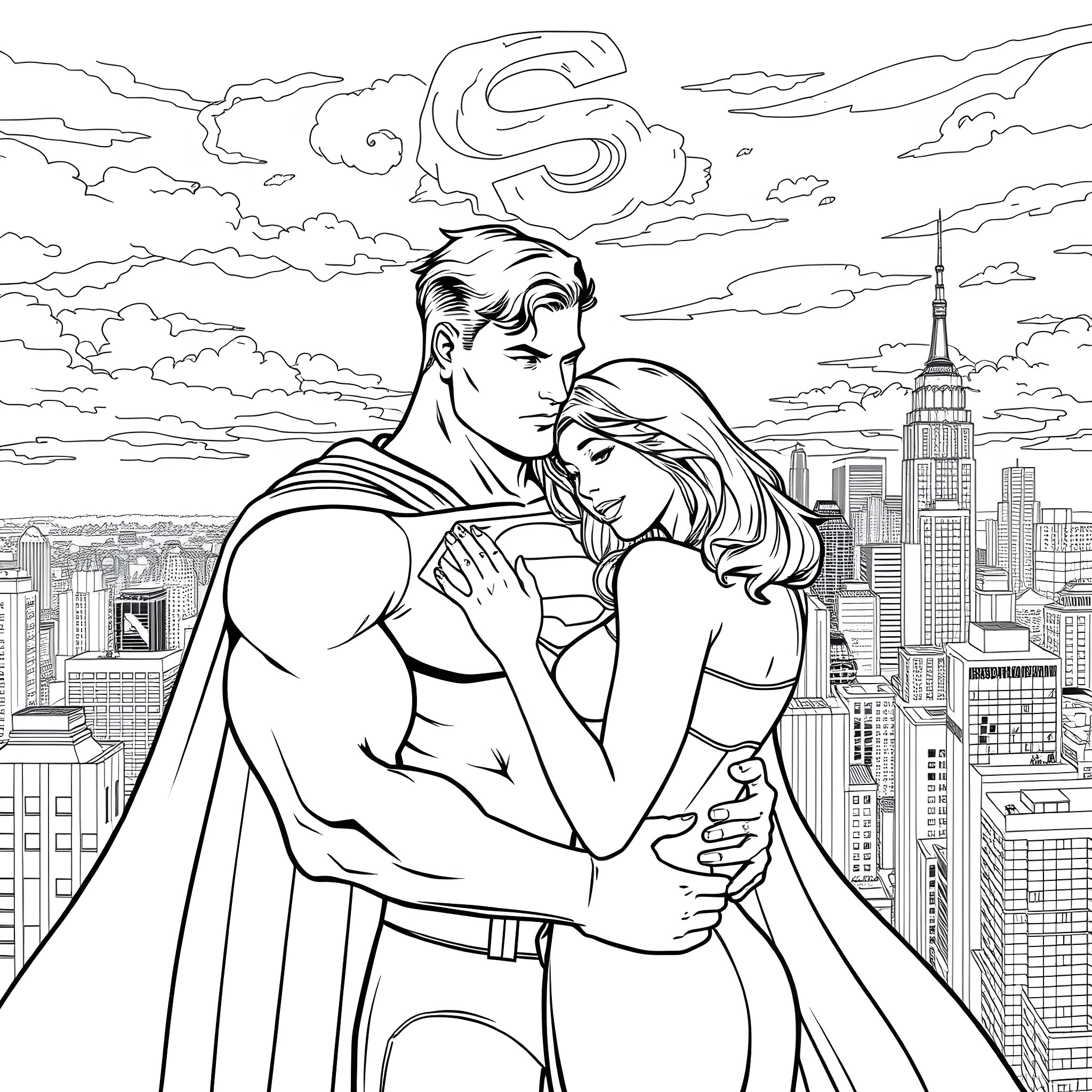 Superman embracing a female companion over a cityscape Coloring Page (free black-and-white line drawing printable PDF for all, from beginners to advanced learners, including children, teens, adults, and seniors)