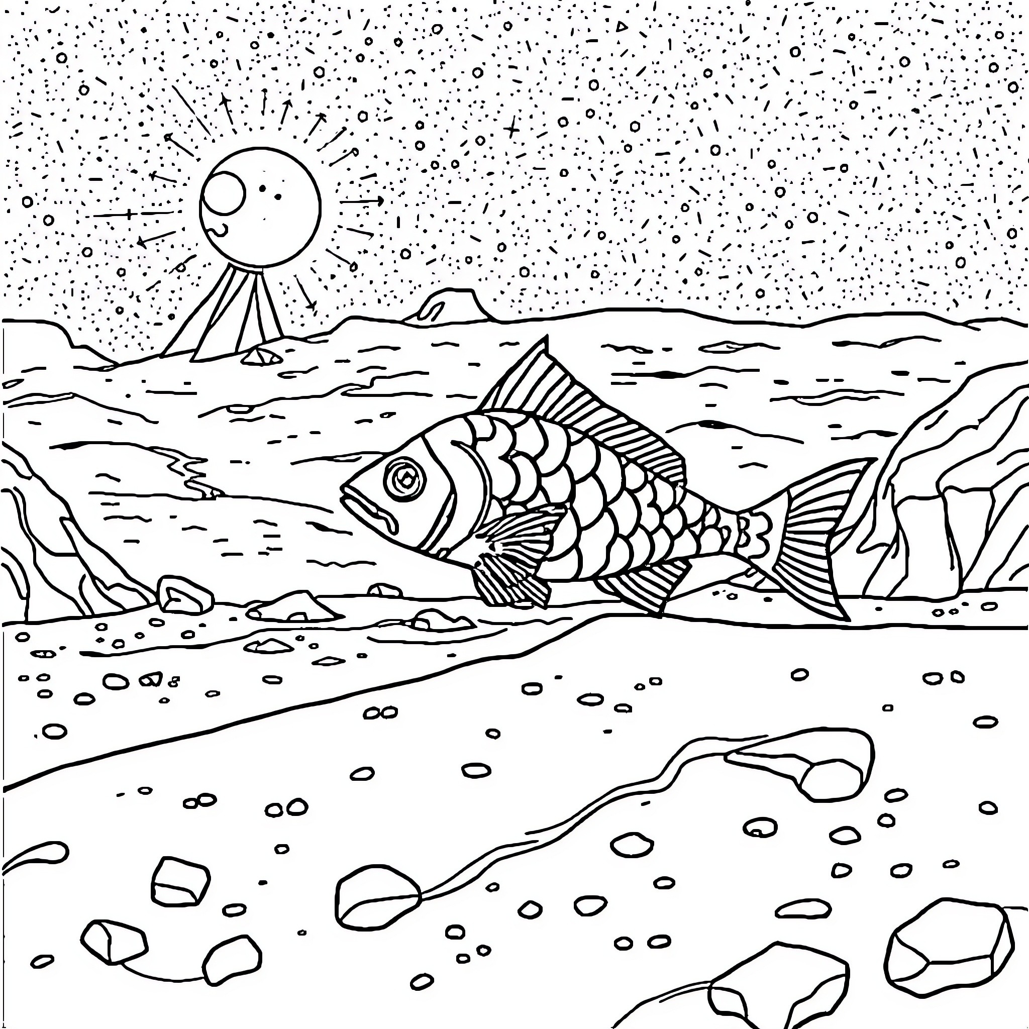 Fish swimming in the ocean at sunset Coloring Page (free black-and-white line drawing printable PDF for all, from beginners to advanced learners, including children, teens, adults, and seniors)