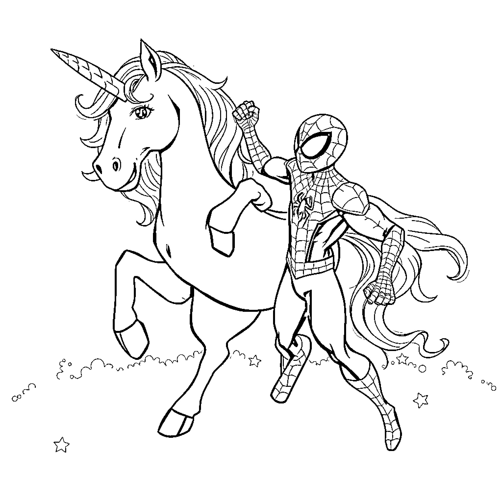 Unicorn standing beside a superhero in a heroic pose Coloring Page (free black-and-white line drawing printable PDF for all, from beginners to advanced learners, including children, teens, adults, and seniors)