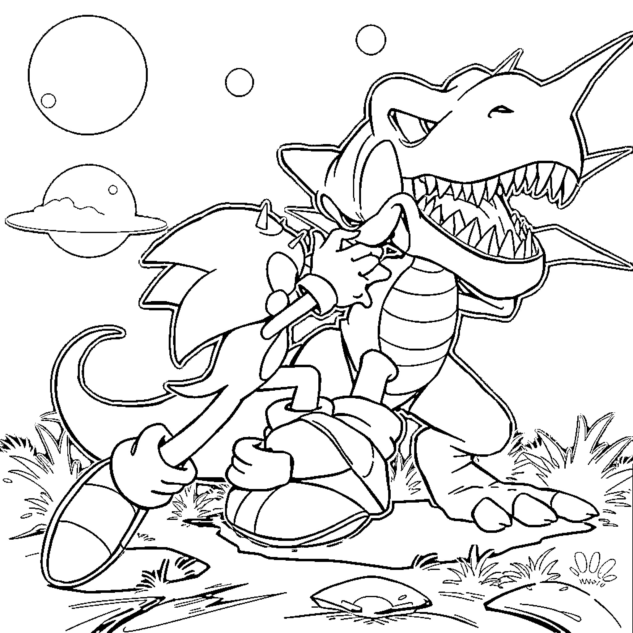 Sonic battling a fierce dragon-like creature Coloring Page (free black-and-white line drawing printable PDF for all, from beginners to advanced learners, including children, teens, adults, and seniors)