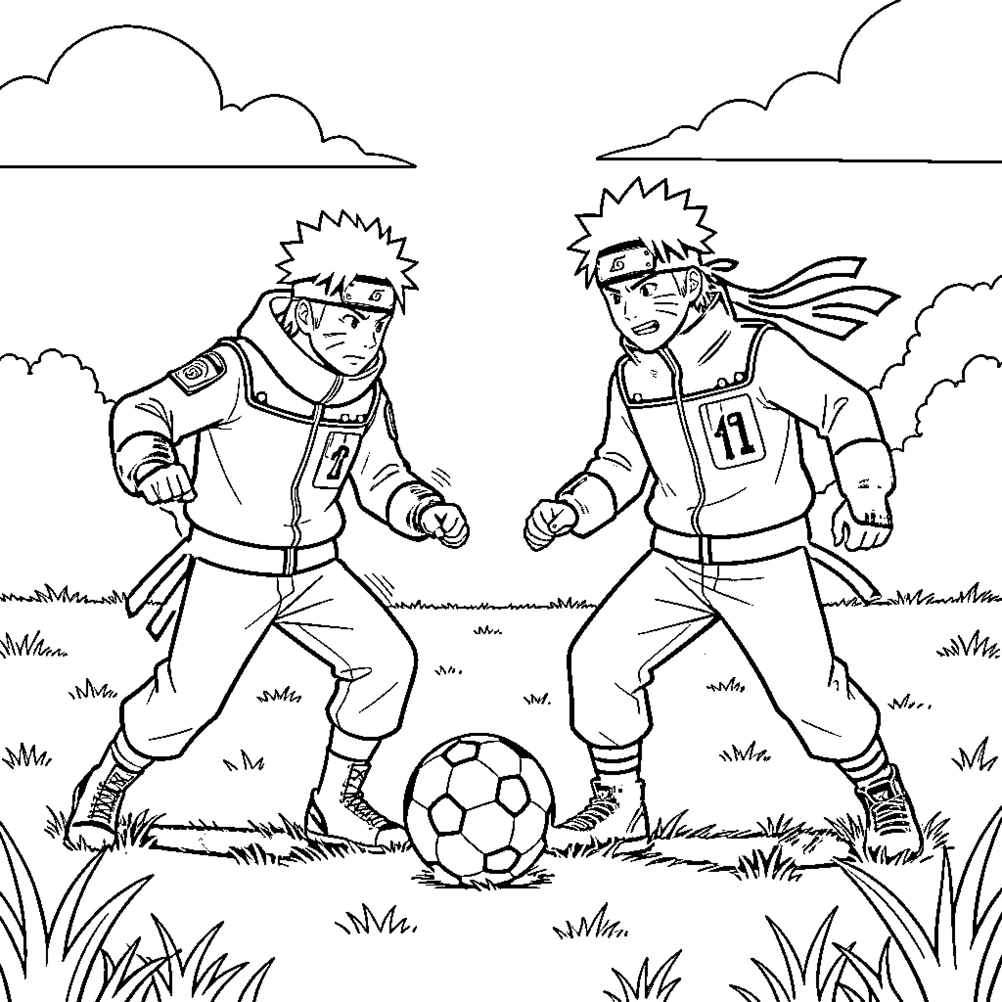 Naruto characters playing soccer in an outdoor field Coloring Page (free black-and-white line drawing printable PDF for all, from beginners to advanced learners, including children, teens, adults, and seniors)