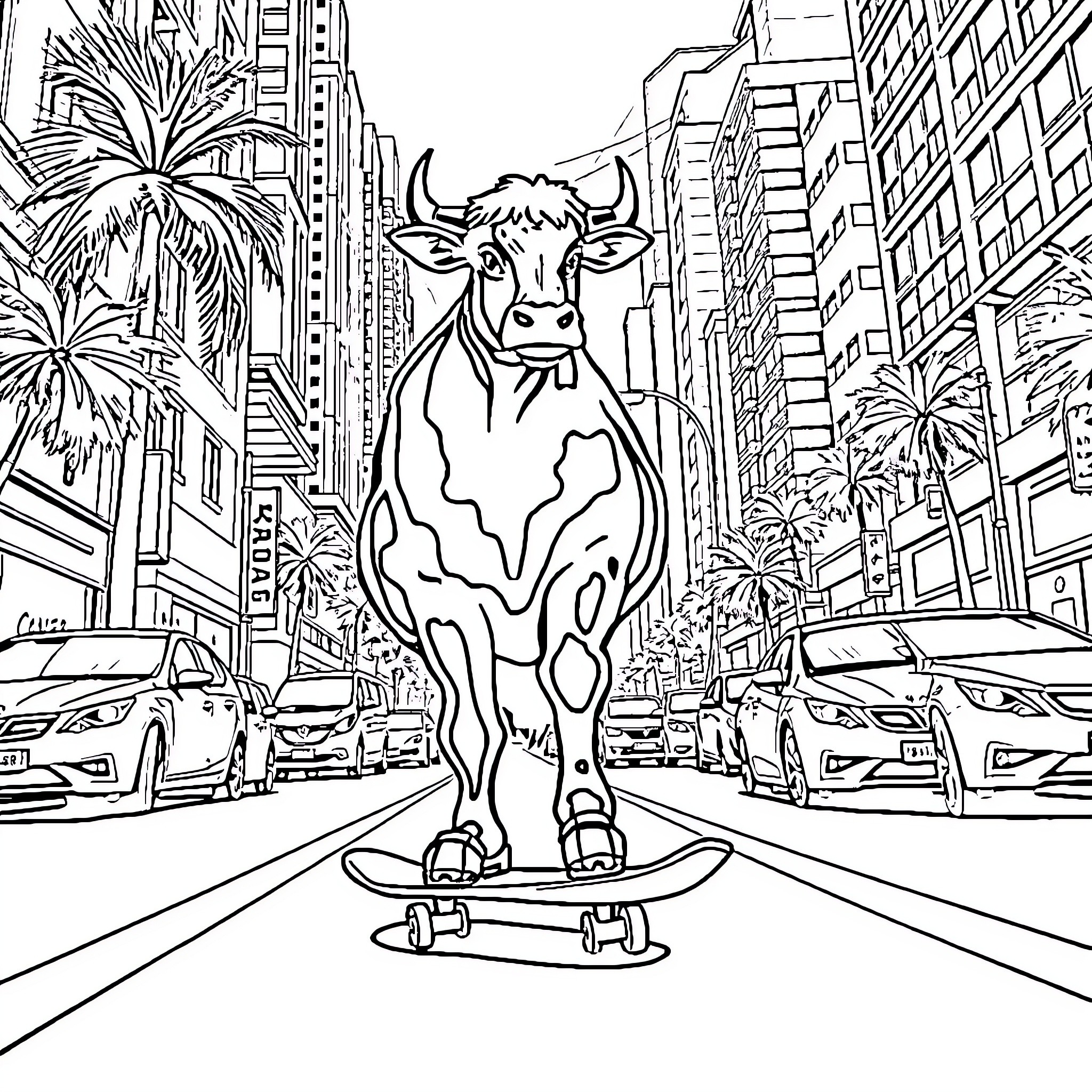 Coala in the Bustling City on Skateboard Coloring Page (free black-and-white line drawing printable PDF for all, from beginners to advanced learners, including children, teens, adults, and seniors)