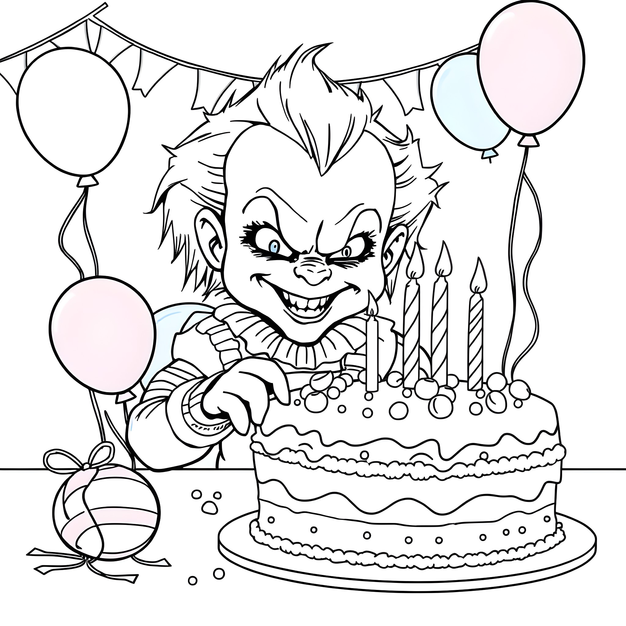Chucky's Creepy Birthday Celebration Coloring Page (free black-and-white line drawing printable PDF for all, from beginners to advanced learners, including children, teens, adults, and seniors)