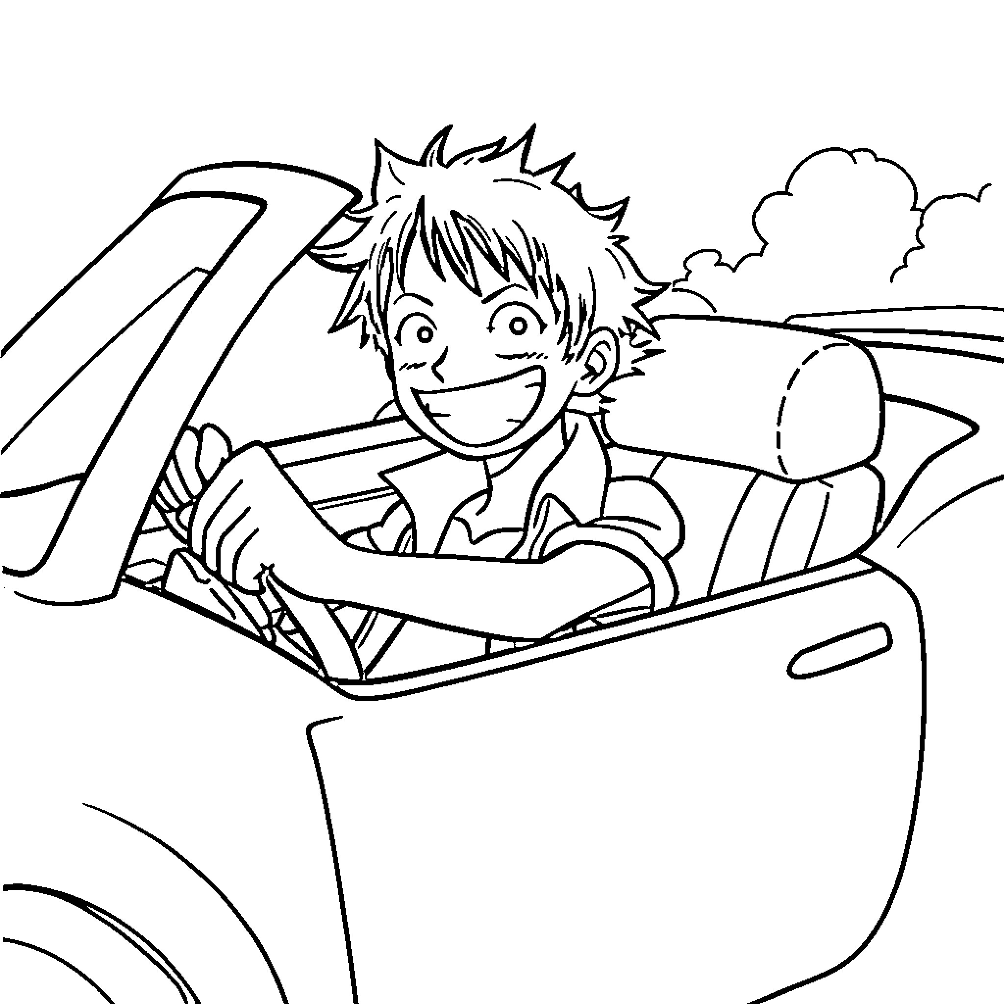 Luffy driving an open-top vehicle with joy Coloring Page (free black-and-white line drawing printable PDF for all, from beginners to advanced learners, including children, teens, adults, and seniors)