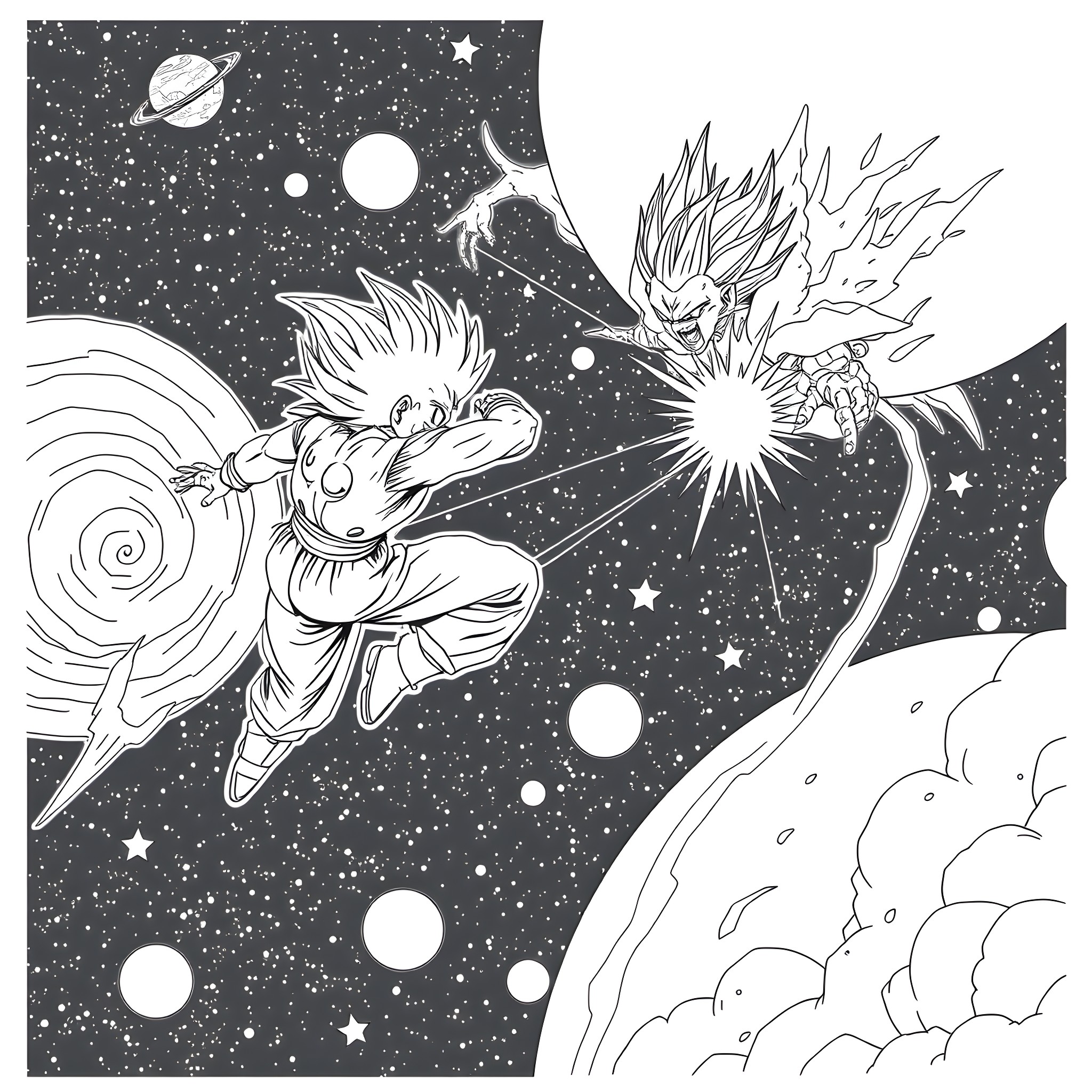 Goku unleashing powerful energy blasts in the cosmos Coloring Page (free black-and-white line drawing printable PDF for all, from beginners to advanced learners, including children, teens, adults, and seniors)