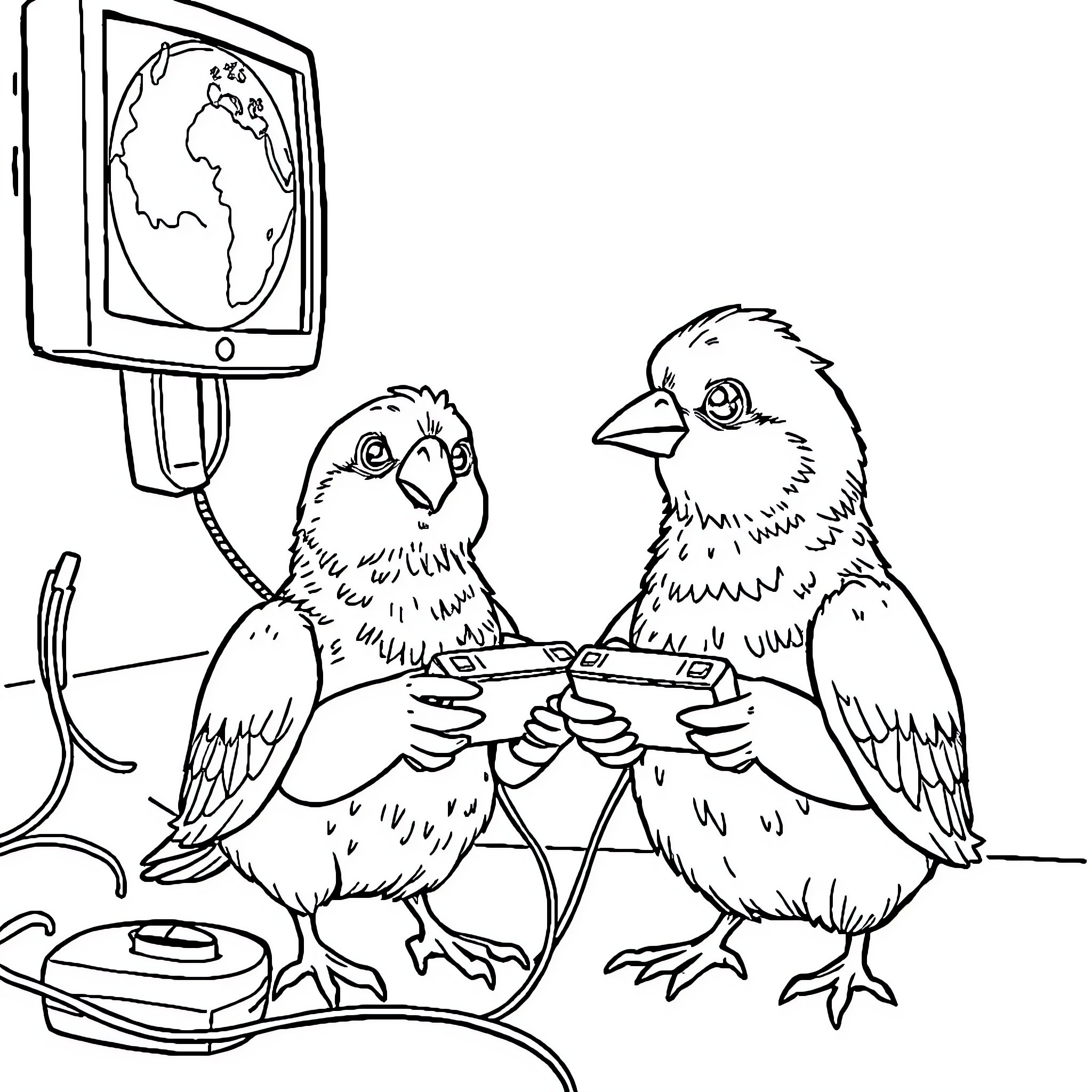 Poule Birds Using Computer Technology Coloring Page (free black-and-white line drawing printable PDF for all, from beginners to advanced learners, including children, teens, adults, and seniors)