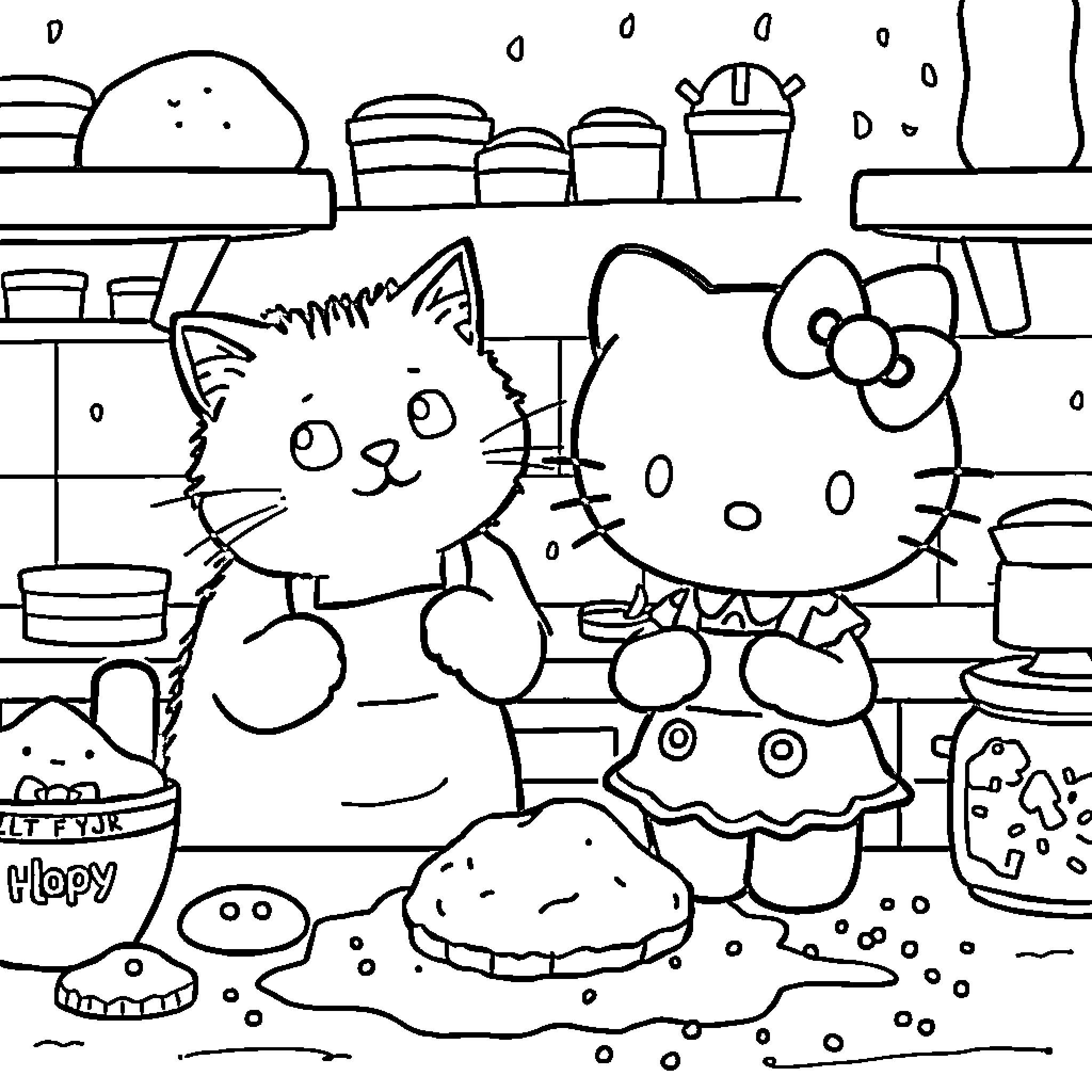 Pusheen and Chococat exploring the kitchen Coloring Page (free black-and-white line drawing printable PDF for all, from beginners to advanced learners, including children, teens, adults, and seniors)