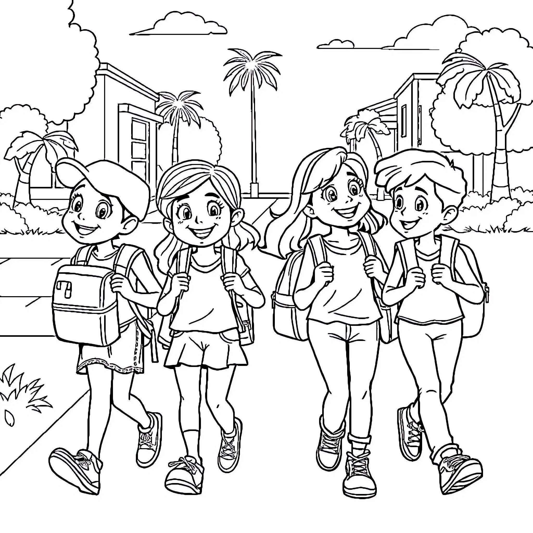 Sanrio characters go on an adventure Coloring Page (free black-and-white line drawing printable PDF for all, from beginners to advanced learners, including children, teens, adults, and seniors)