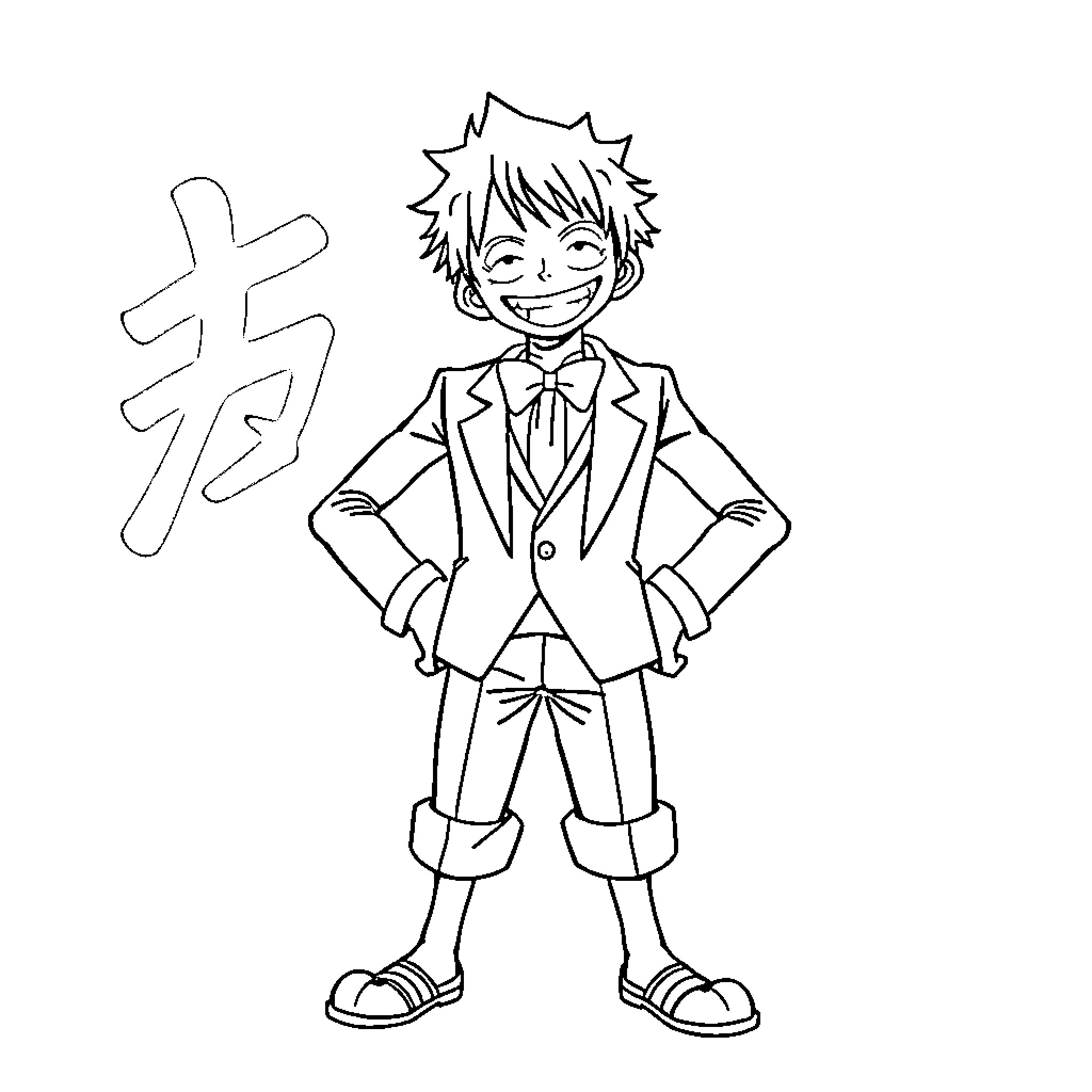 Monkey D Luffy dressed in a formal suit Coloring Page (free black-and-white line drawing printable PDF for all, from beginners to advanced learners, including children, teens, adults, and seniors)