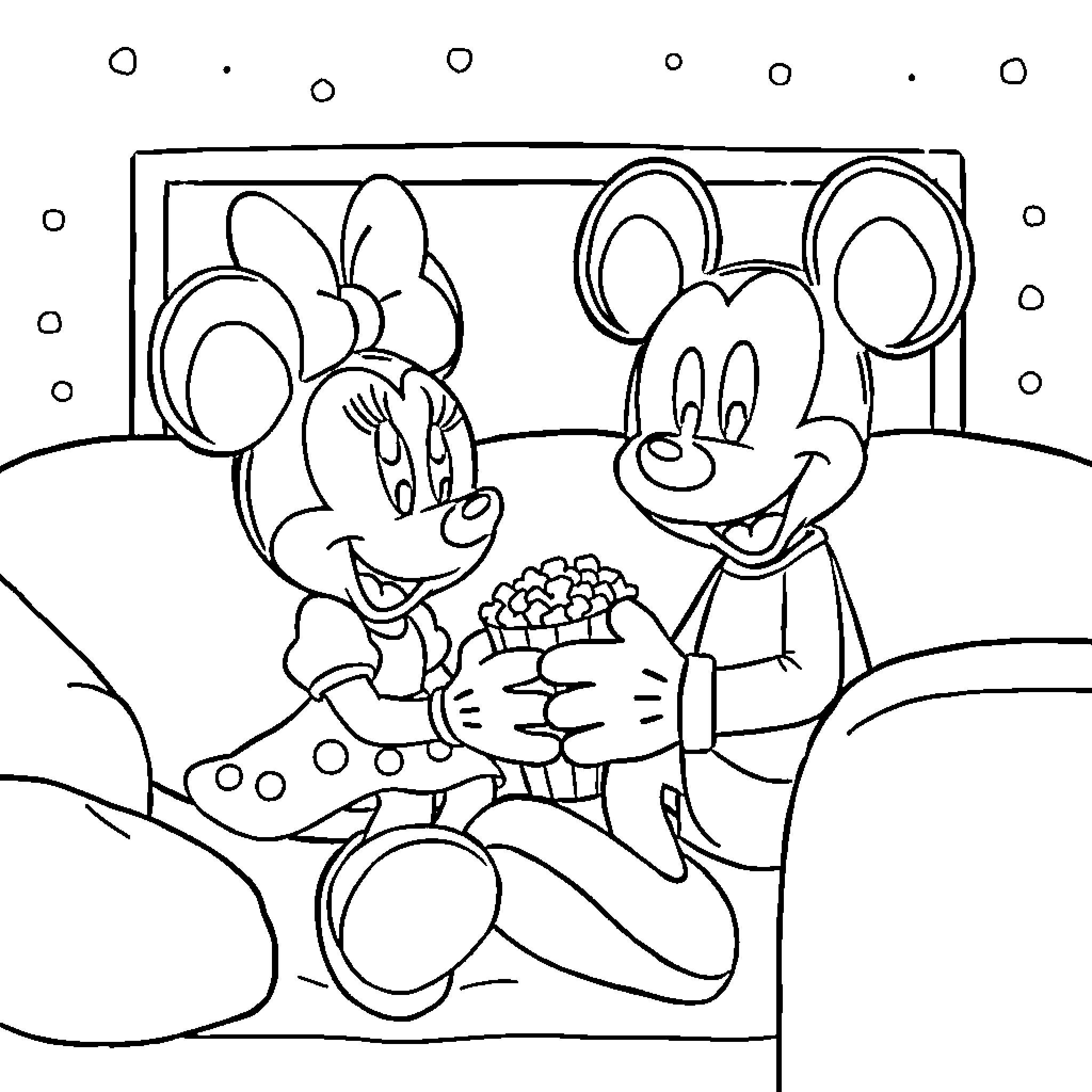 Minnie and Mickey's Romantic Picnic Coloring Page (free black-and-white line drawing printable PDF for all, from beginners to advanced learners, including children, teens, adults, and seniors)