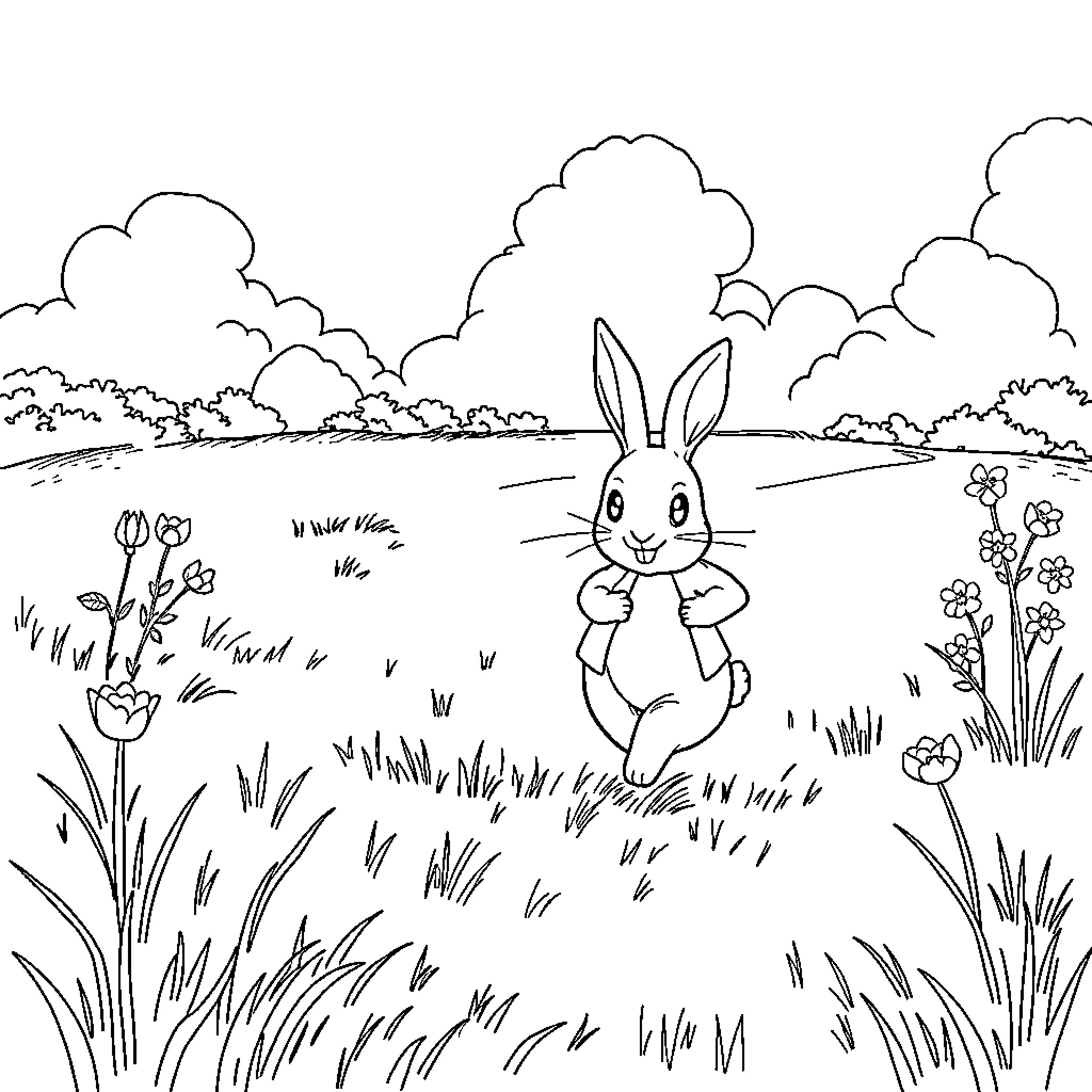 Peter Rabbit playing in a pastoral meadow Coloring Page (free black-and-white line drawing printable PDF for all, from beginners to advanced learners, including children, teens, adults, and seniors)