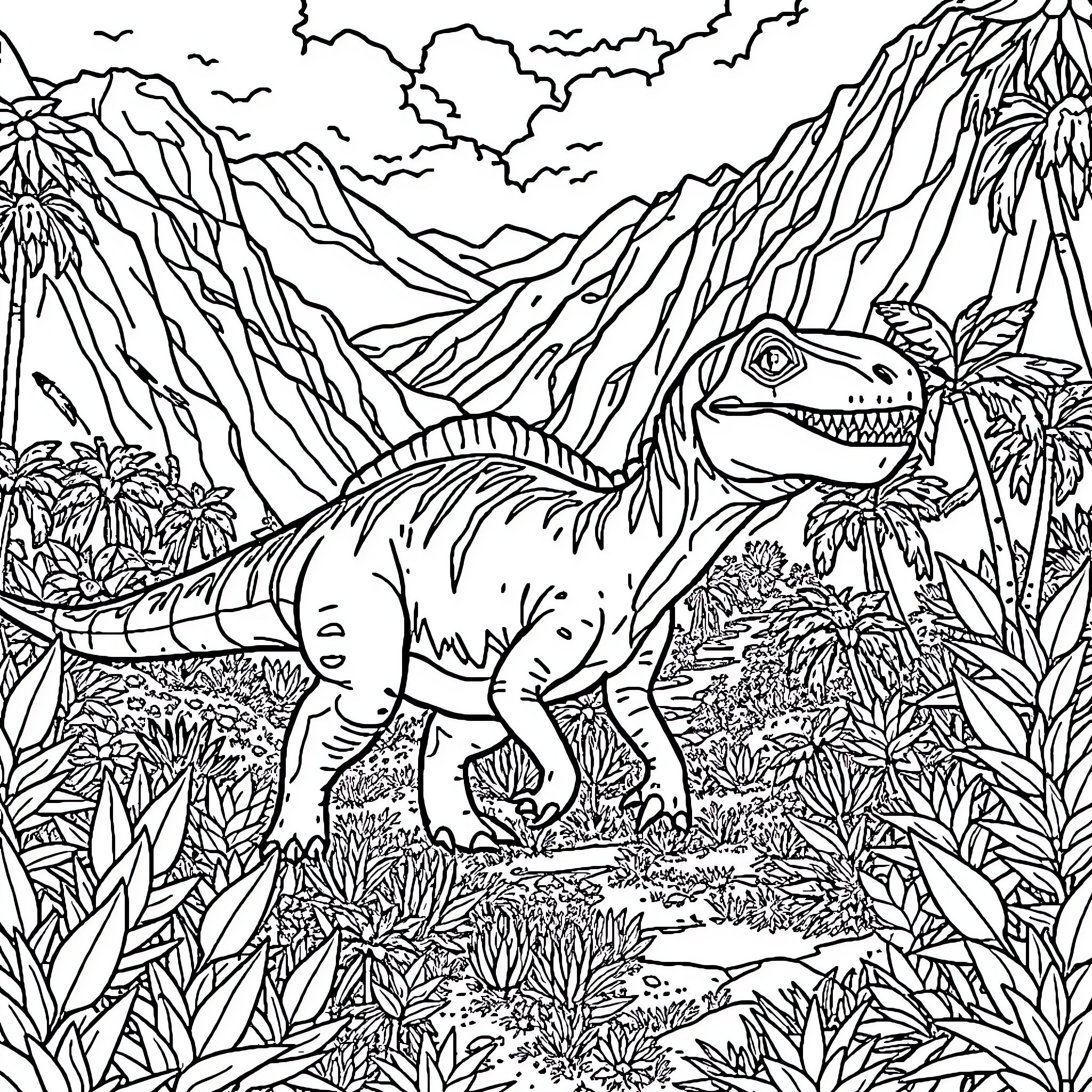 Dinosaur exploring the lush, mountainous landscape Coloring Page (free black-and-white line drawing printable PDF for all, from beginners to advanced learners, including children, teens, adults, and seniors)