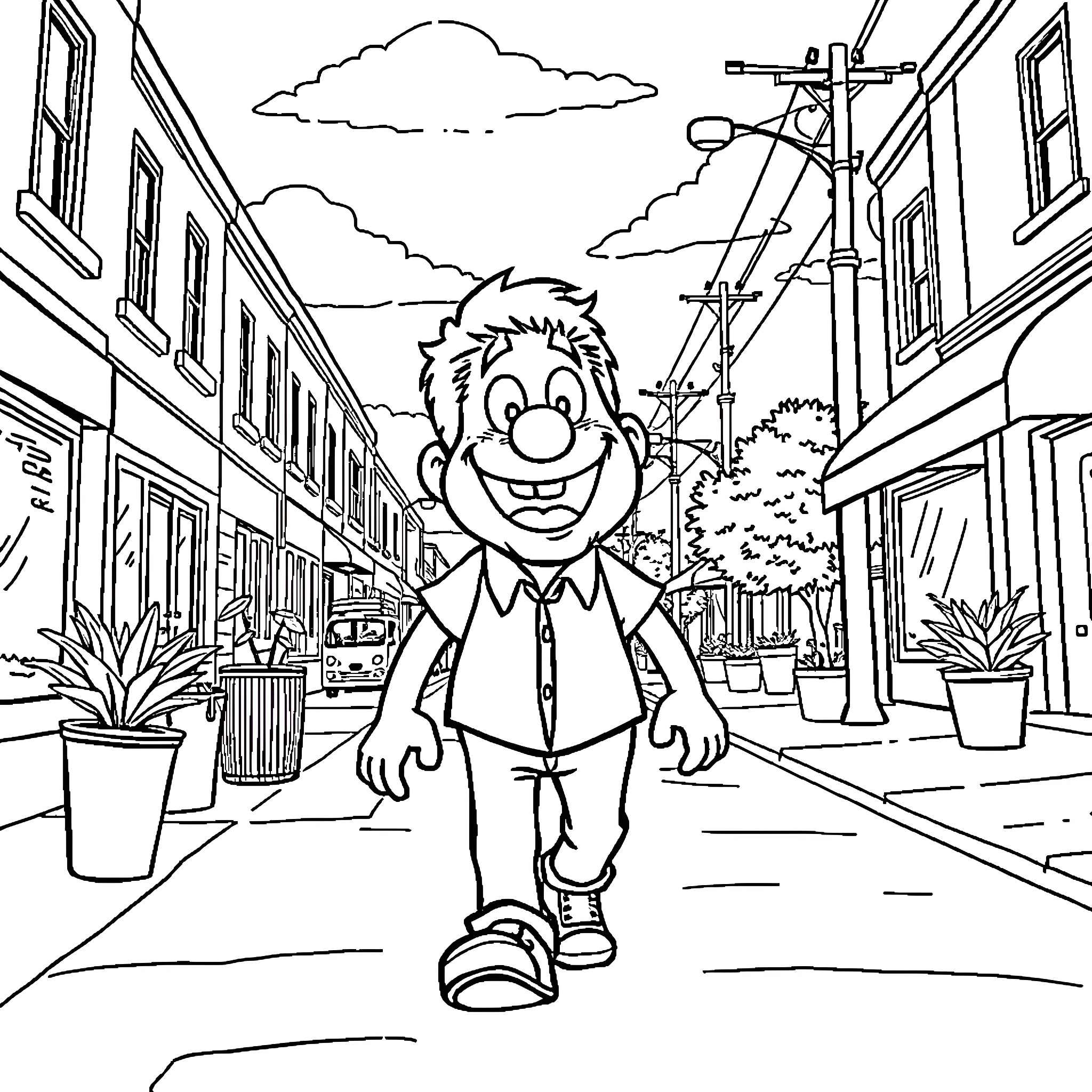 Ron happily walking down a city street Coloring Page (free black-and-white line drawing printable PDF for all, from beginners to advanced learners, including children, teens, adults, and seniors)