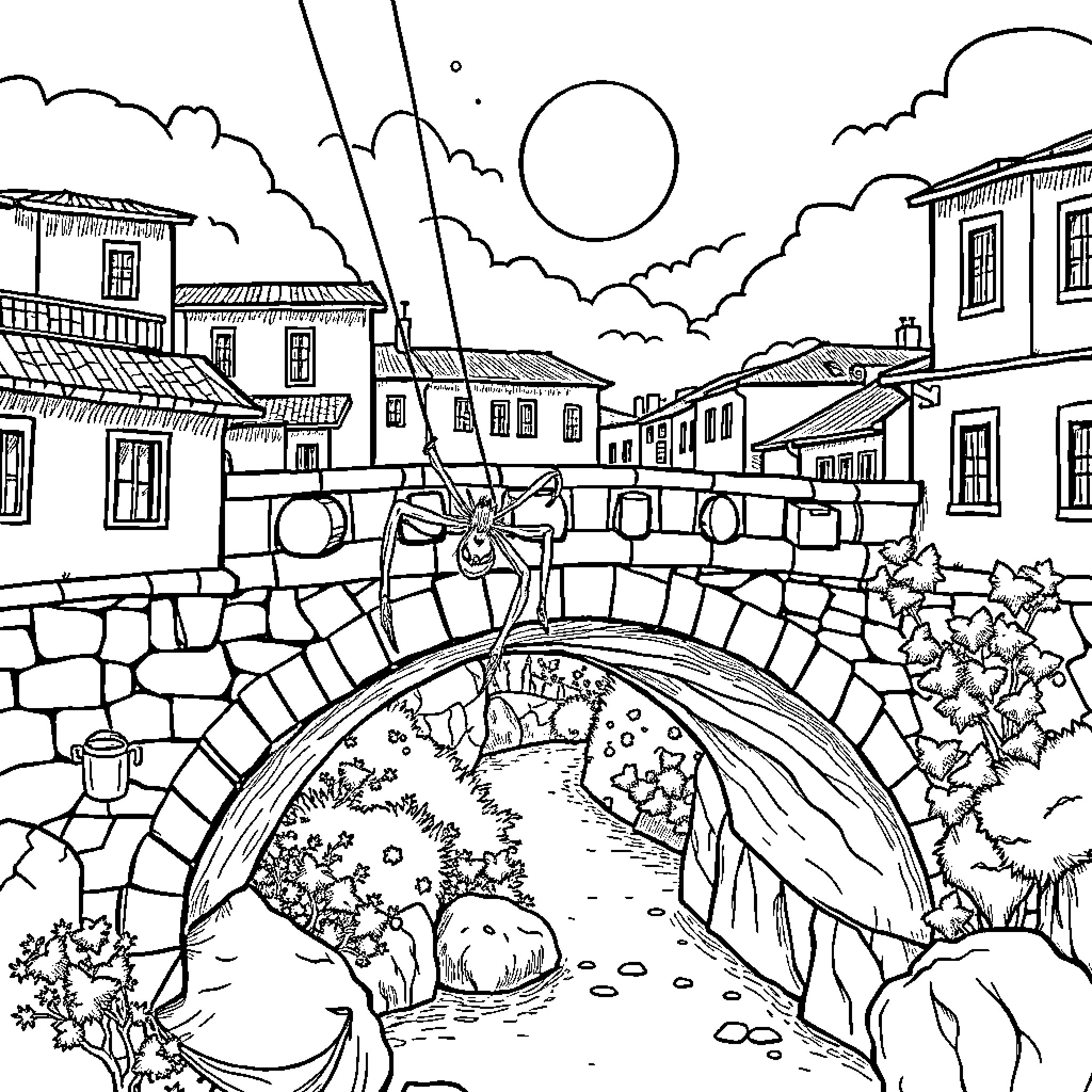 Spidy's Magical Bridge Crossing Coloring Page (free black-and-white line drawing printable PDF for all, from beginners to advanced learners, including children, teens, adults, and seniors)