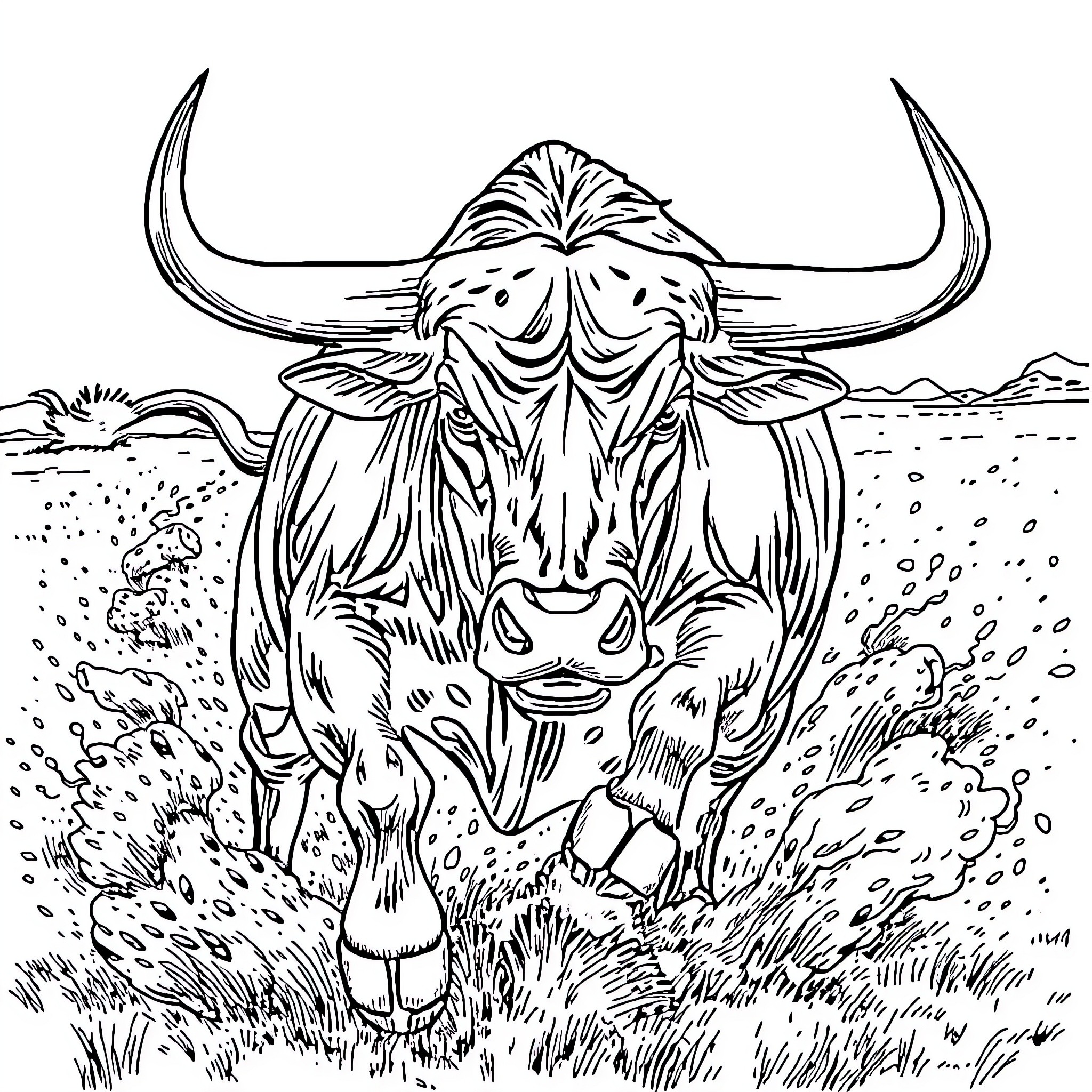 Bull emerging from the tall grass Coloring Page (free black-and-white line drawing printable PDF for all, from beginners to advanced learners, including children, teens, adults, and seniors)