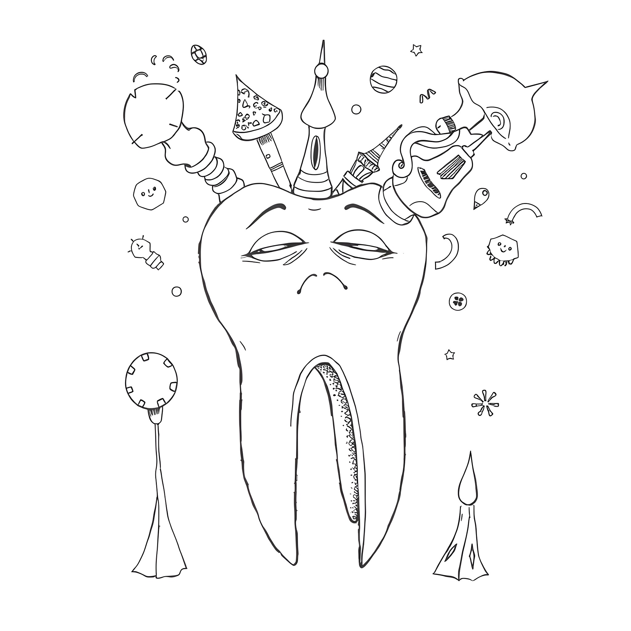 Tooth with Imaginative Accessories and Symbols Coloring Page (free black-and-white line drawing printable PDF for all, from beginners to advanced learners, including children, teens, adults, and seniors)