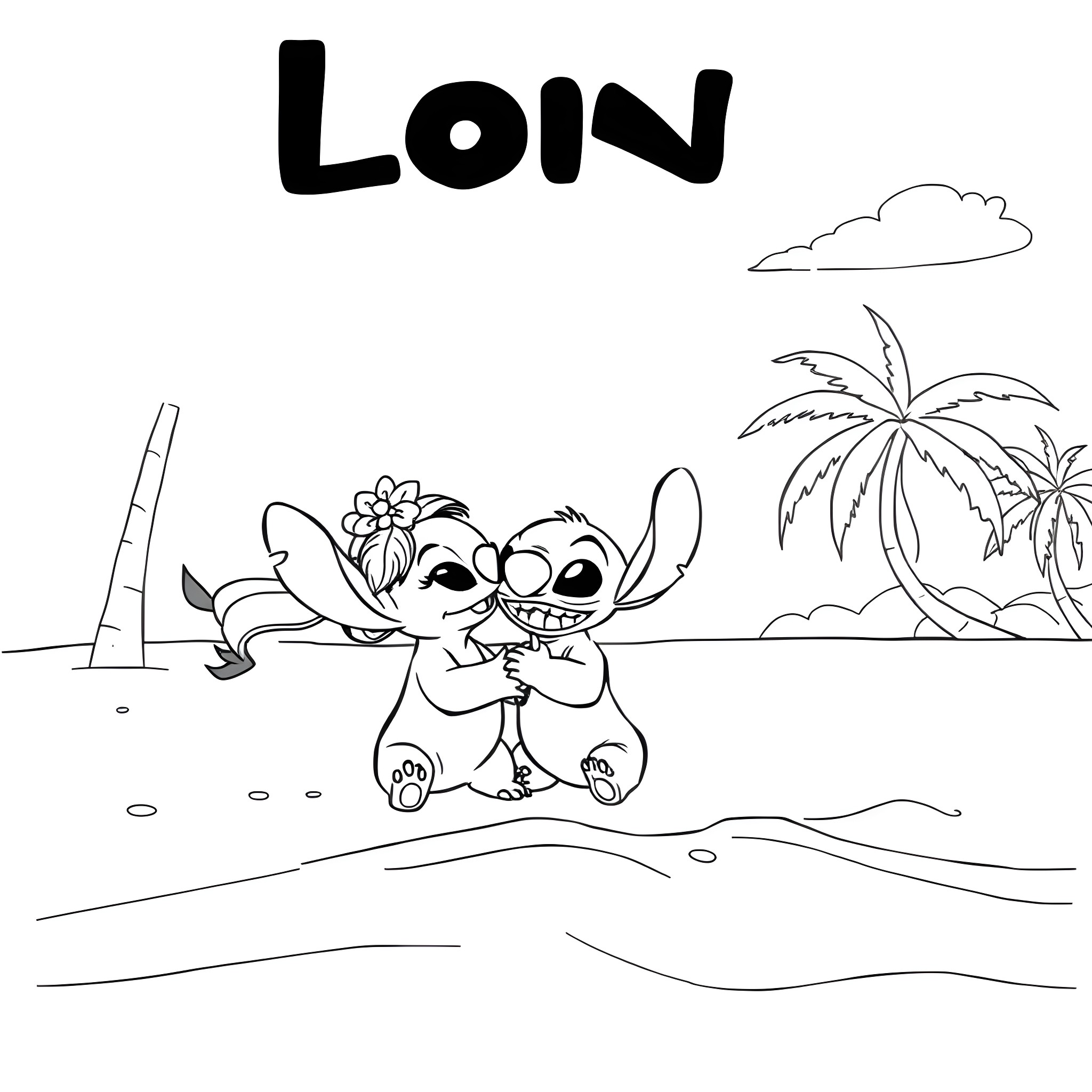 Lilo And Stitch playing on the beach Coloring Page (free black-and-white line drawing printable PDF for all, from beginners to advanced learners, including children, teens, adults, and seniors)