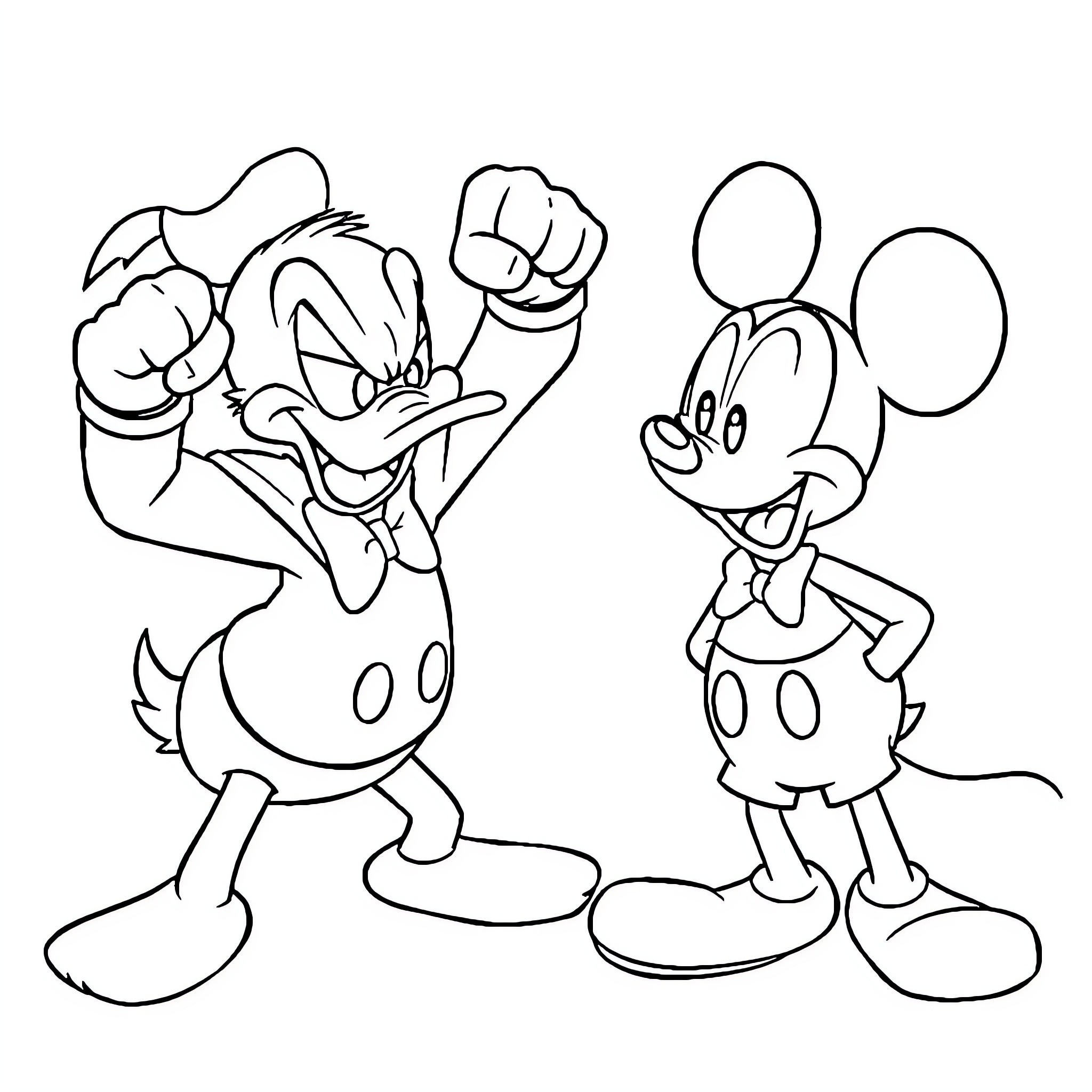 Donald Duck and Mickey Mouse in playful poses Coloring Page (free black-and-white line drawing printable PDF for all, from beginners to advanced learners, including children, teens, adults, and seniors)