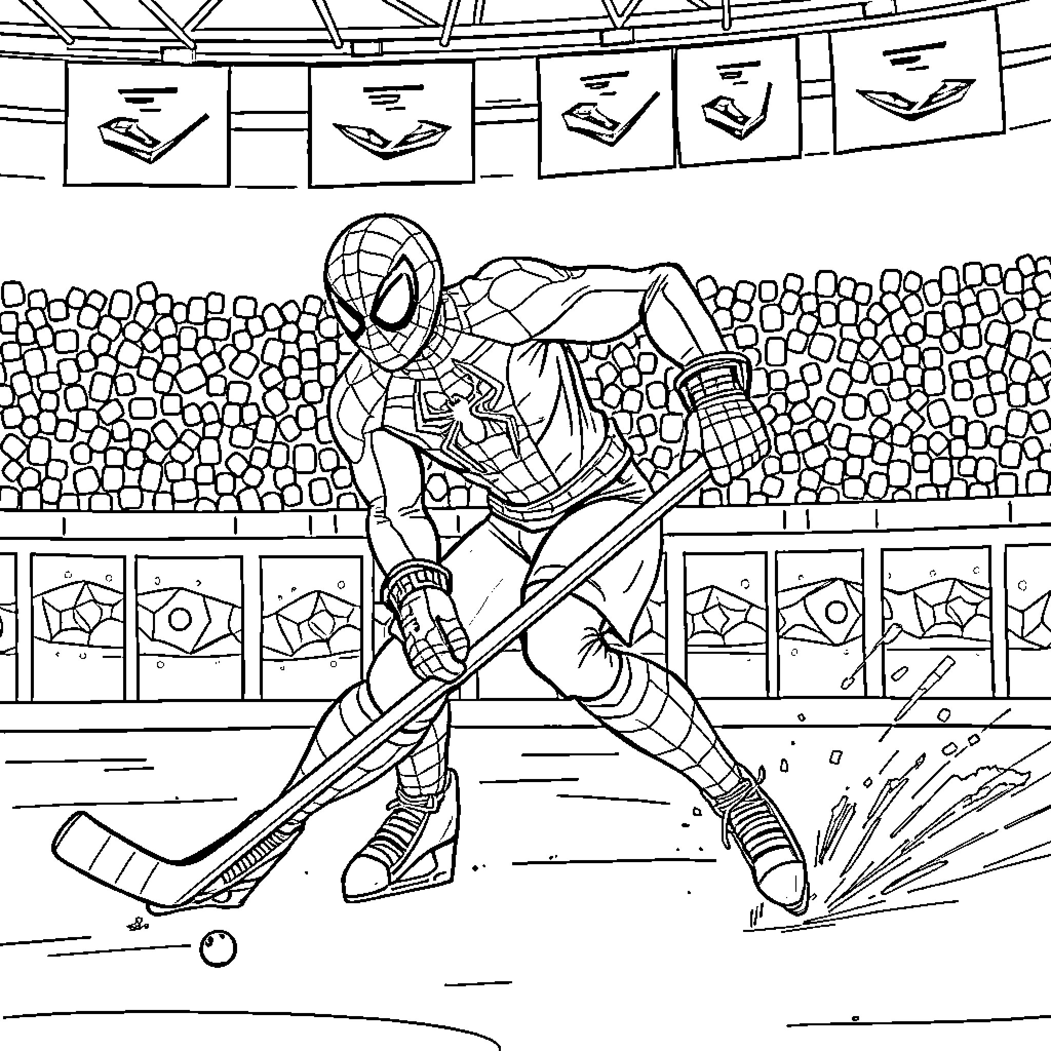 Spiderman playing ice hockey in a stadium Coloring Page (free black-and-white line drawing printable PDF for all, from beginners to advanced learners, including children, teens, adults, and seniors)