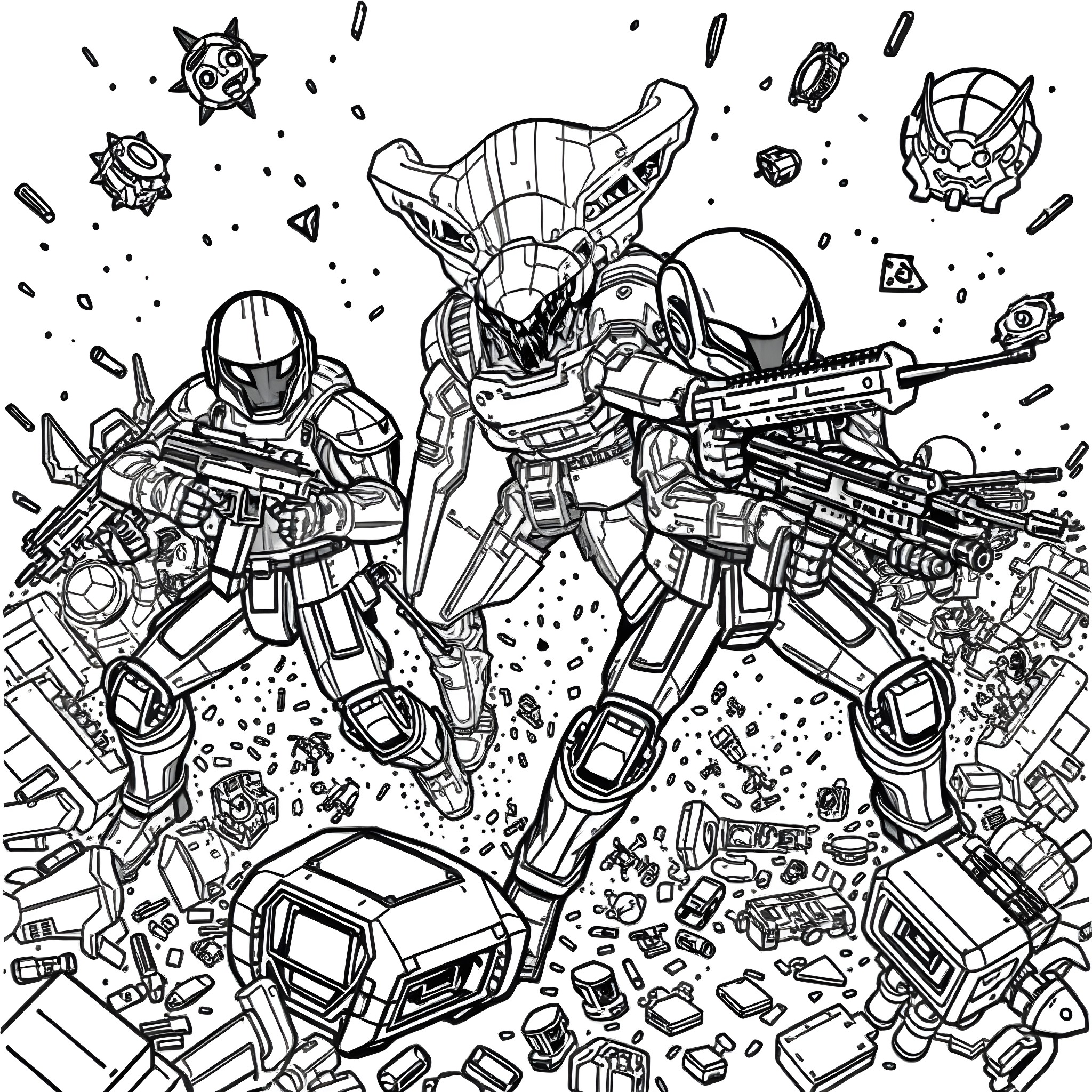 Human characters in futuristic combat gear Coloring Page (free black-and-white line drawing printable PDF for all, from beginners to advanced learners, including children, teens, adults, and seniors)