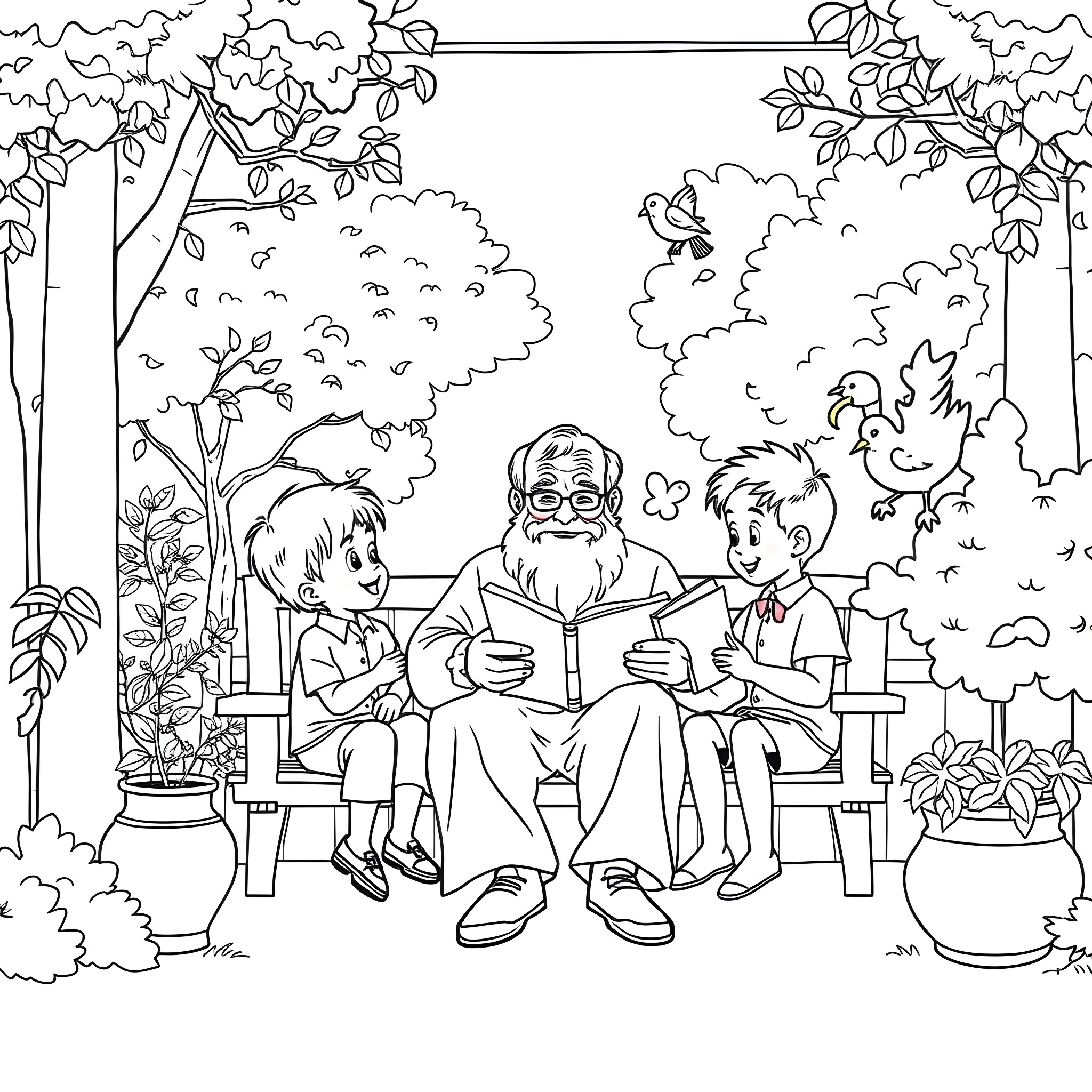 Grandpa reading a story to his grandchildren in the park Coloring Page (free black-and-white line drawing printable PDF for all, from beginners to advanced learners, including children, teens, adults, and seniors)
