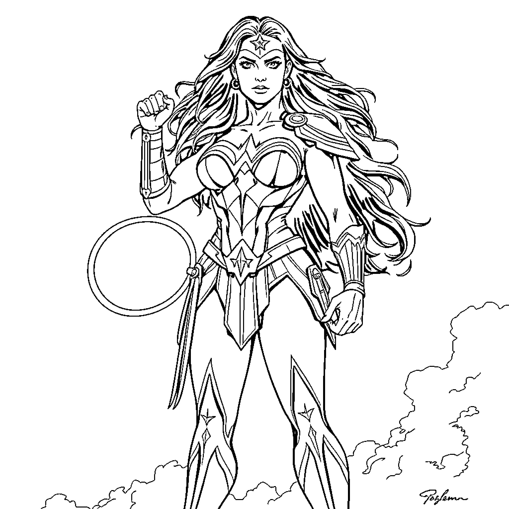 Wonder Woman in fierce battle stance Coloring Page (free black-and-white line drawing printable PDF for all, from beginners to advanced learners, including children, teens, adults, and seniors)
