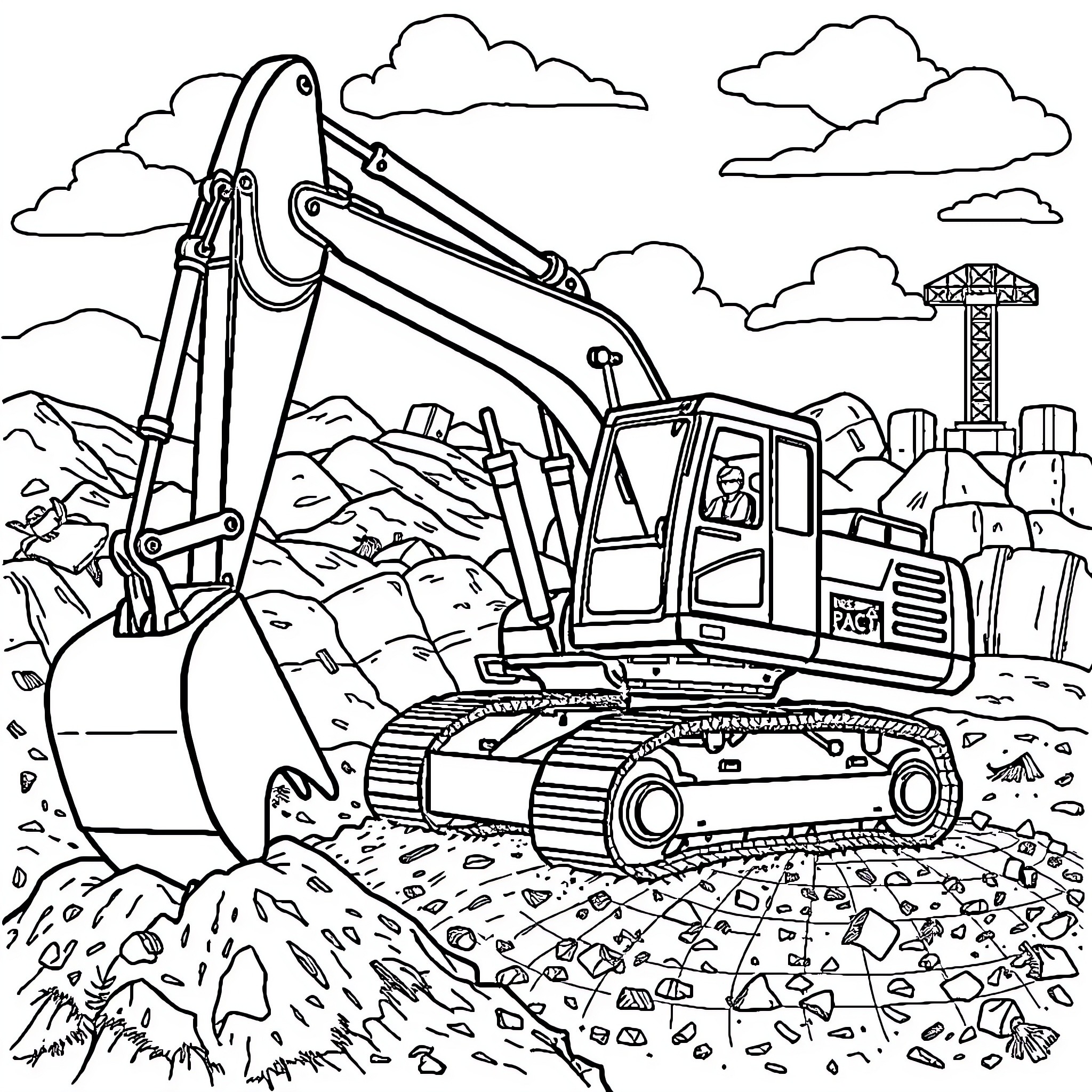 Excavator digging at a construction site Coloring Page (free black-and-white line drawing printable PDF for all, from beginners to advanced learners, including children, teens, adults, and seniors)