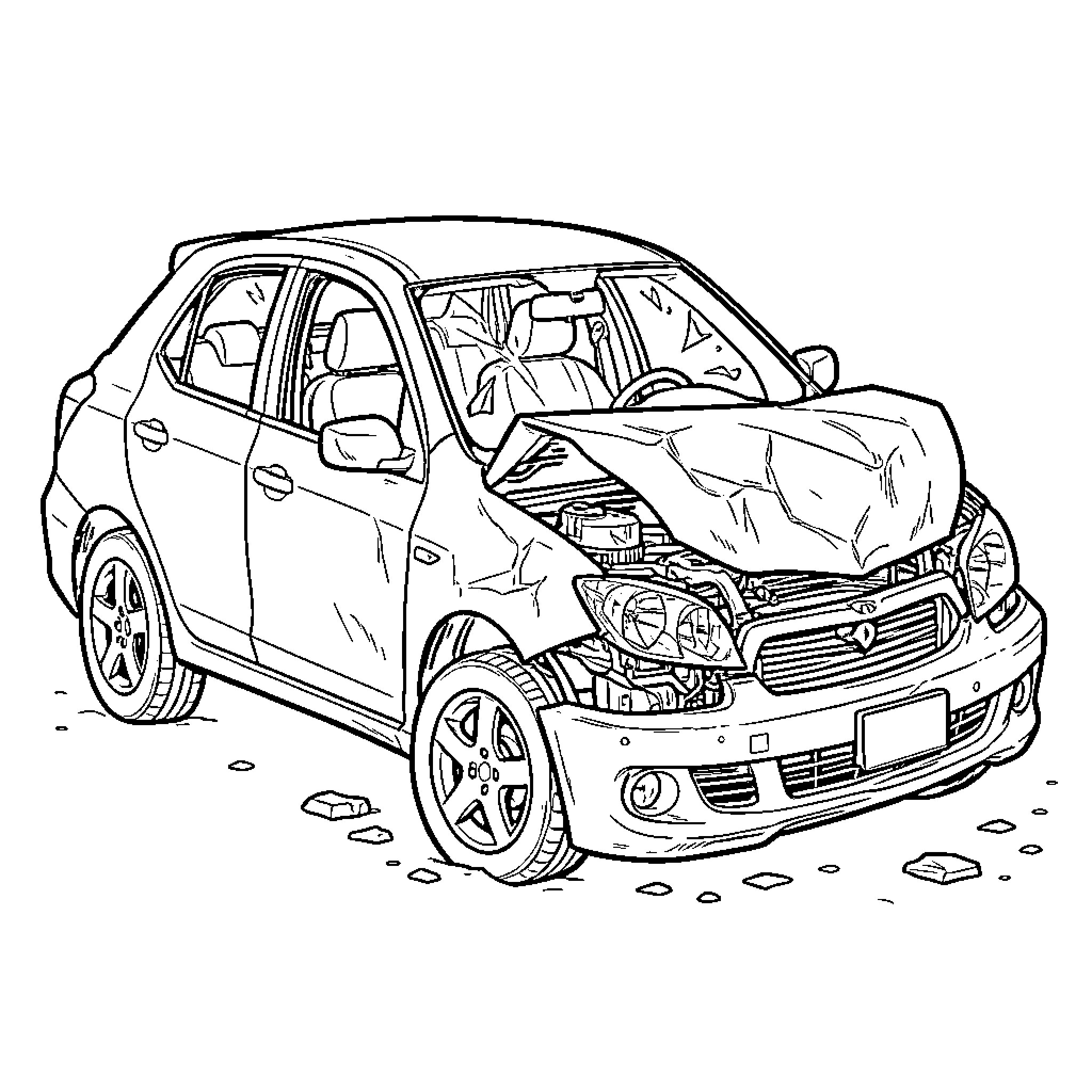 Car Involved in a Collision on the Road Coloring Page (free black-and-white line drawing printable PDF for all, from beginners to advanced learners, including children, teens, adults, and seniors)